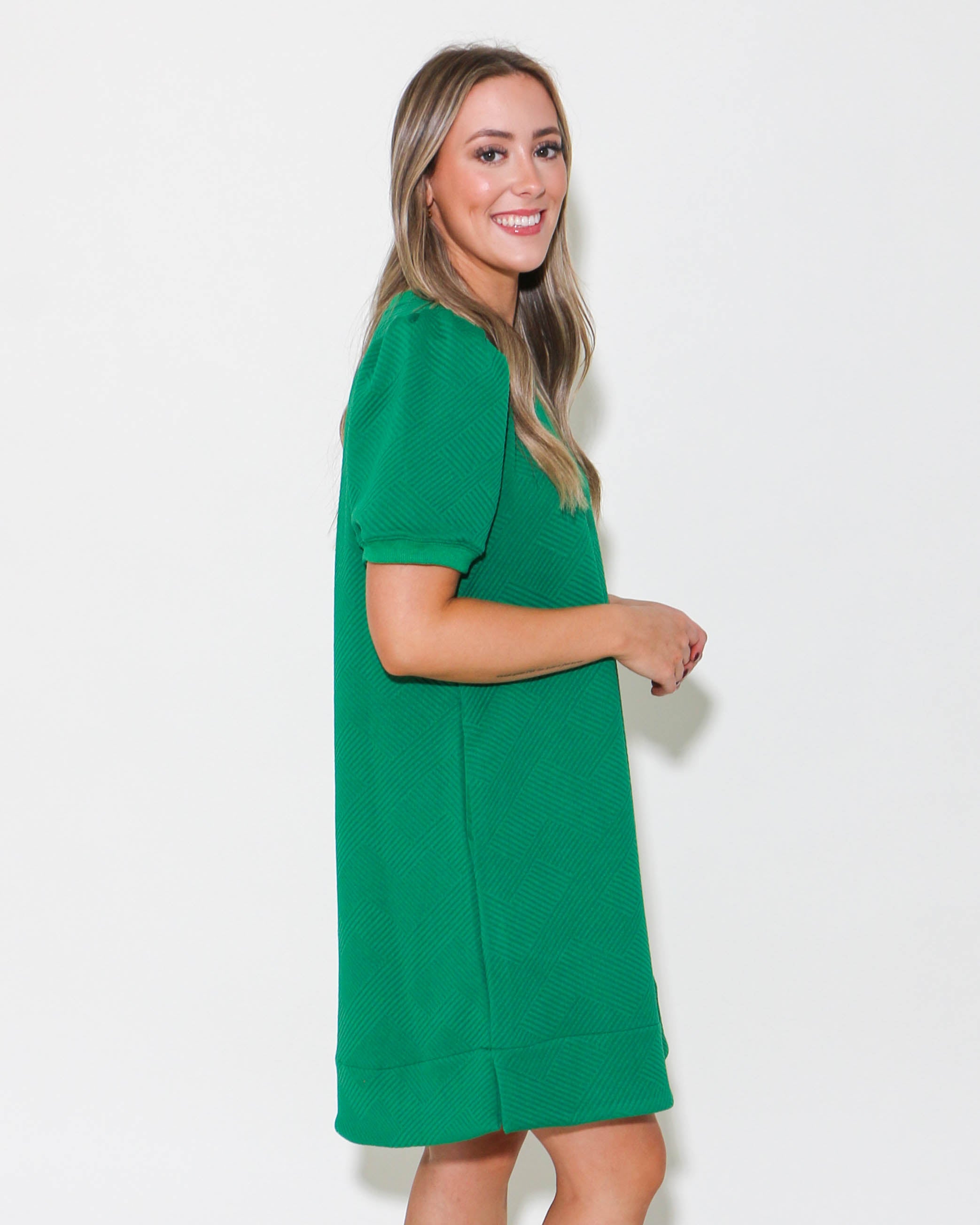 Kelly Green Textured Puff Sleeve Dress