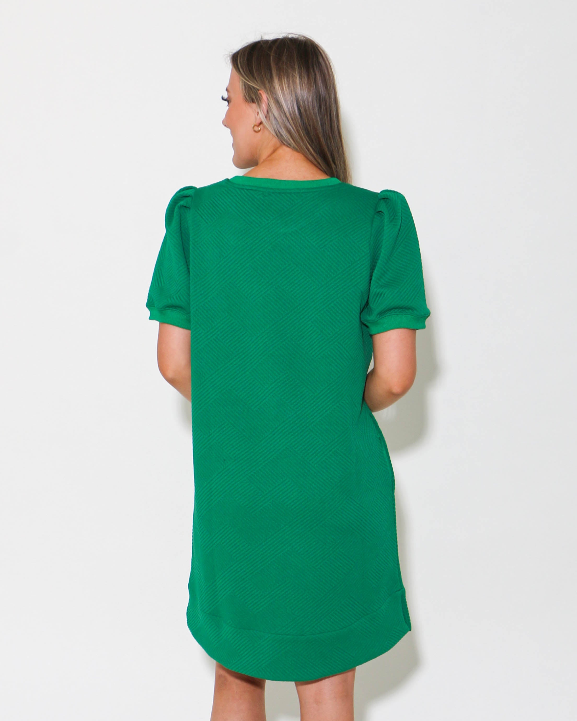 Kelly Green Textured Puff Sleeve Dress