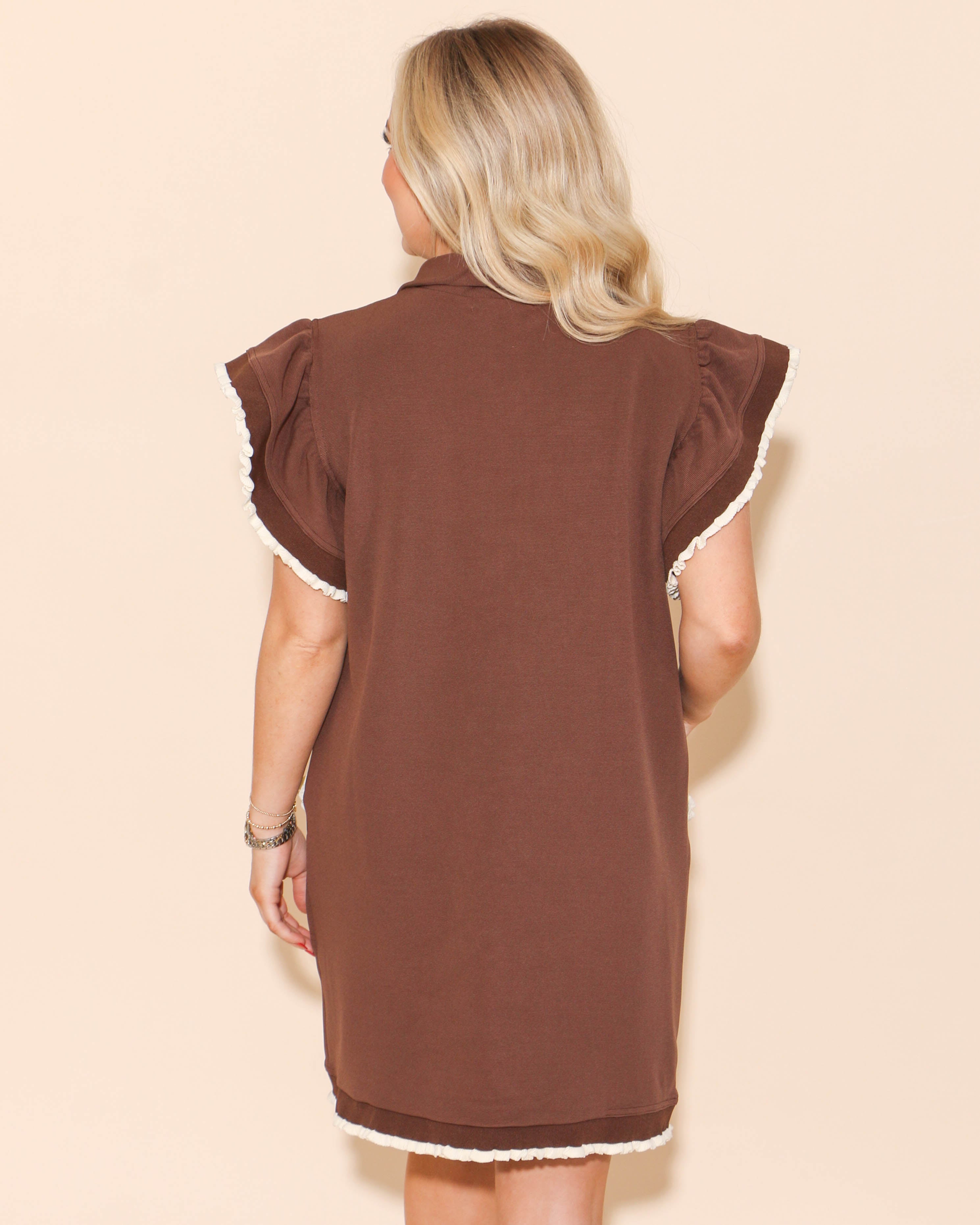 Half Zip Collared Ruffle Mini Dress in Brown