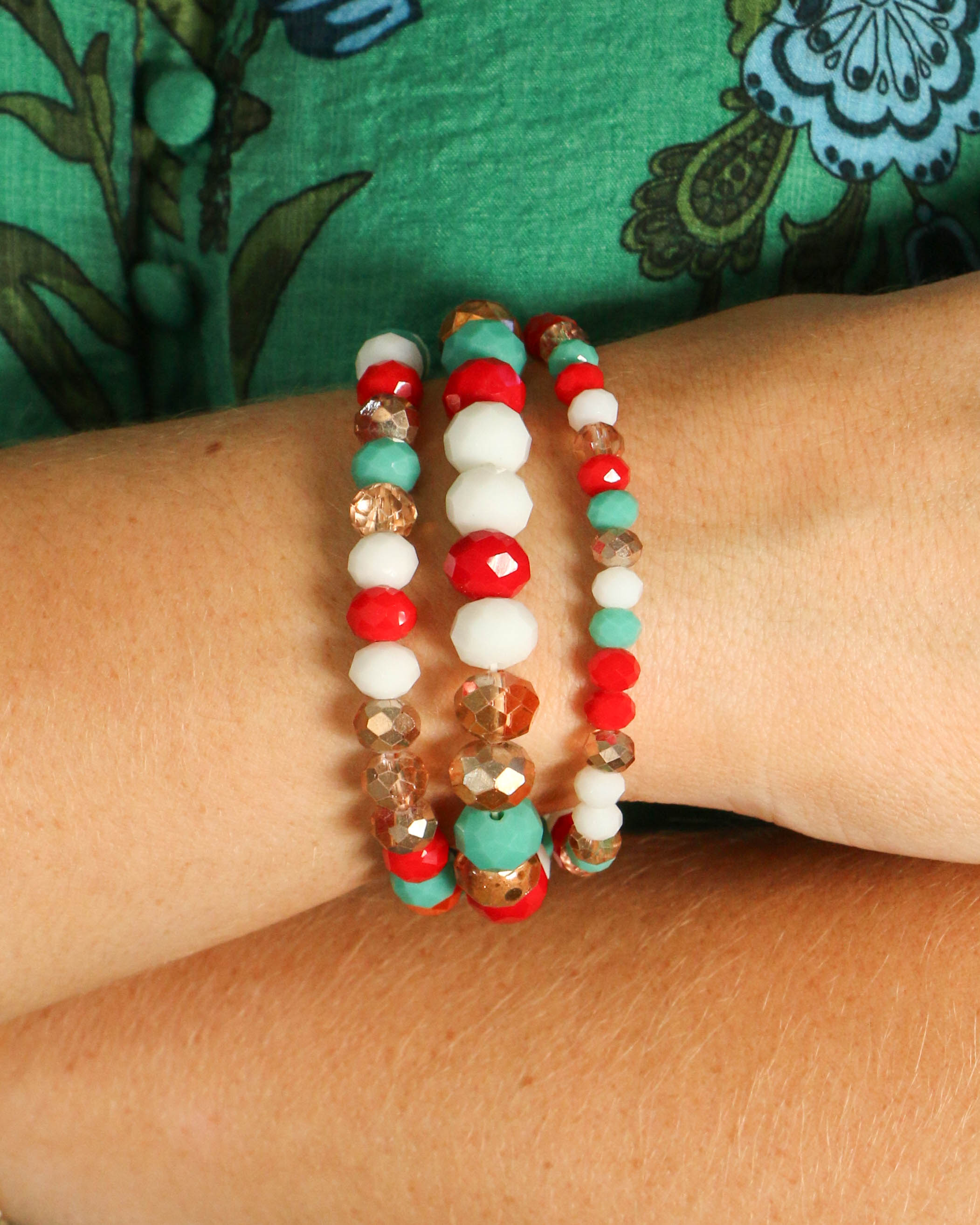 Mint/Red Beaded Bracelet Stack