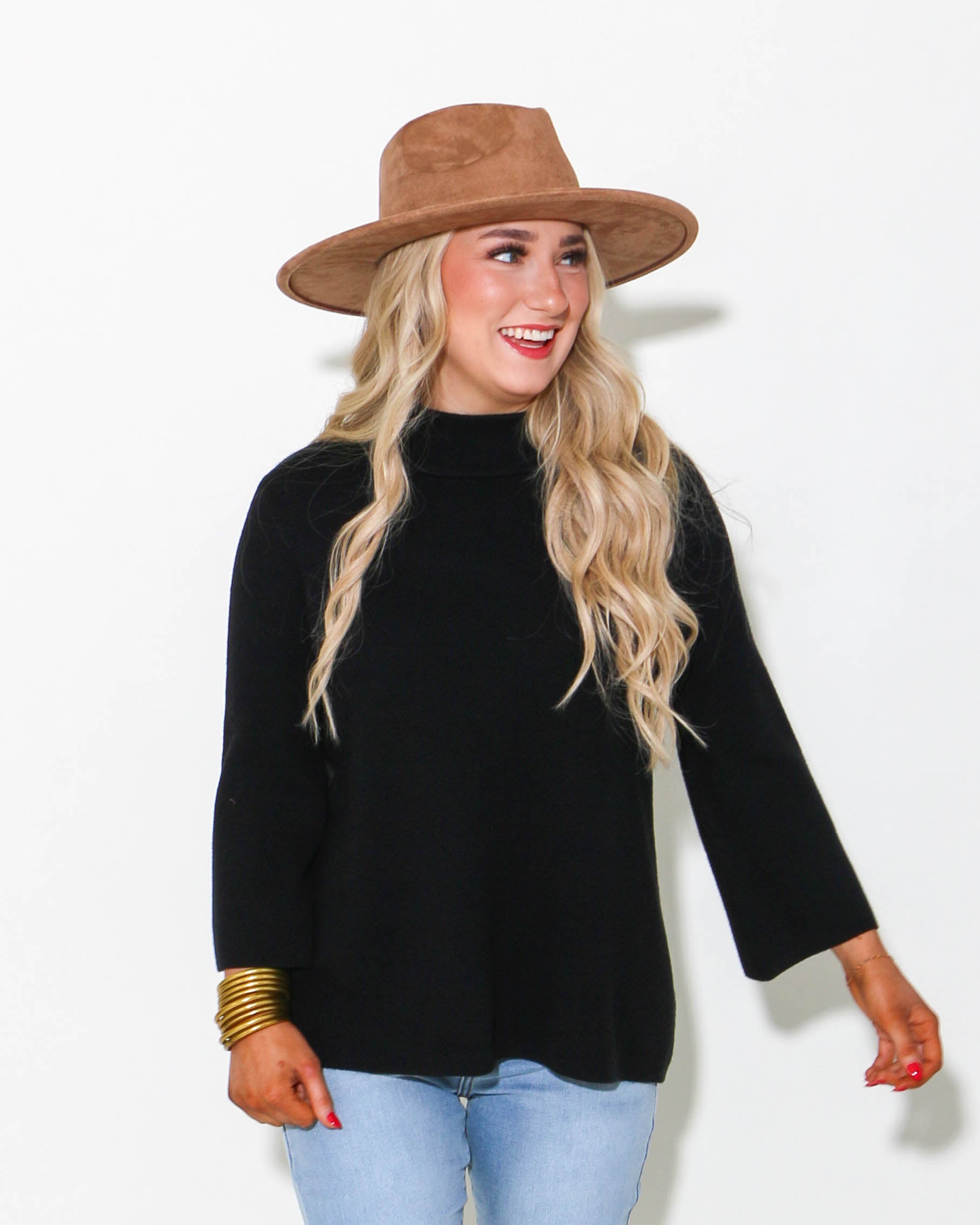 Mock Neck Pull Over Bell Sleeve Sweater in Black