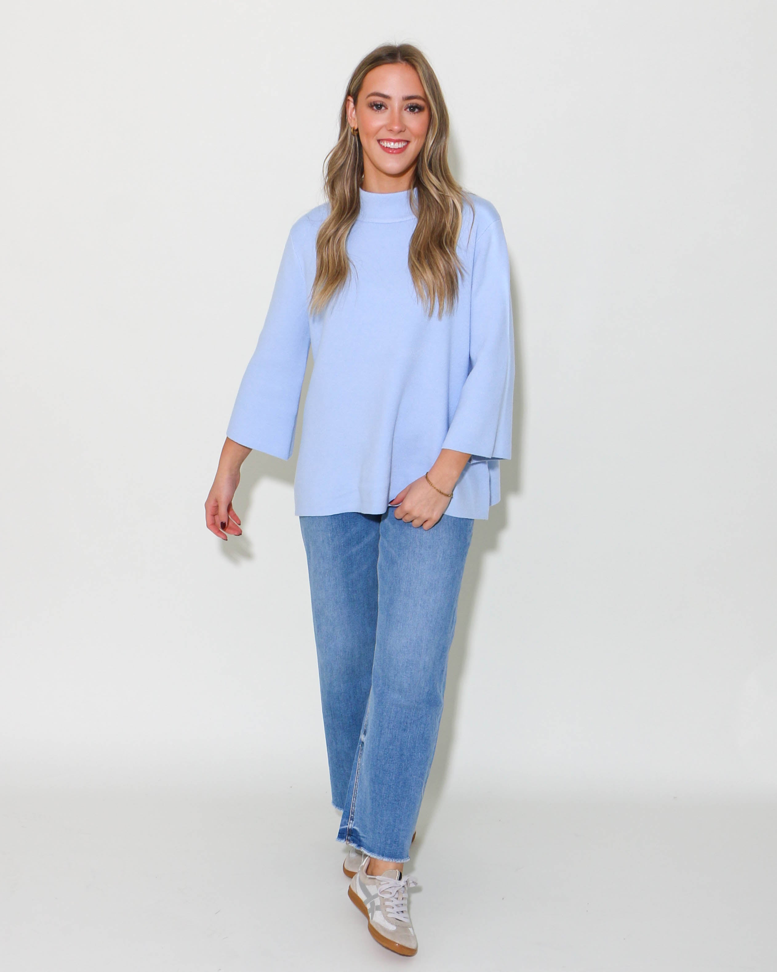 Mock Neck Pull Over Bell Sleeve Sweater in Baby Blue