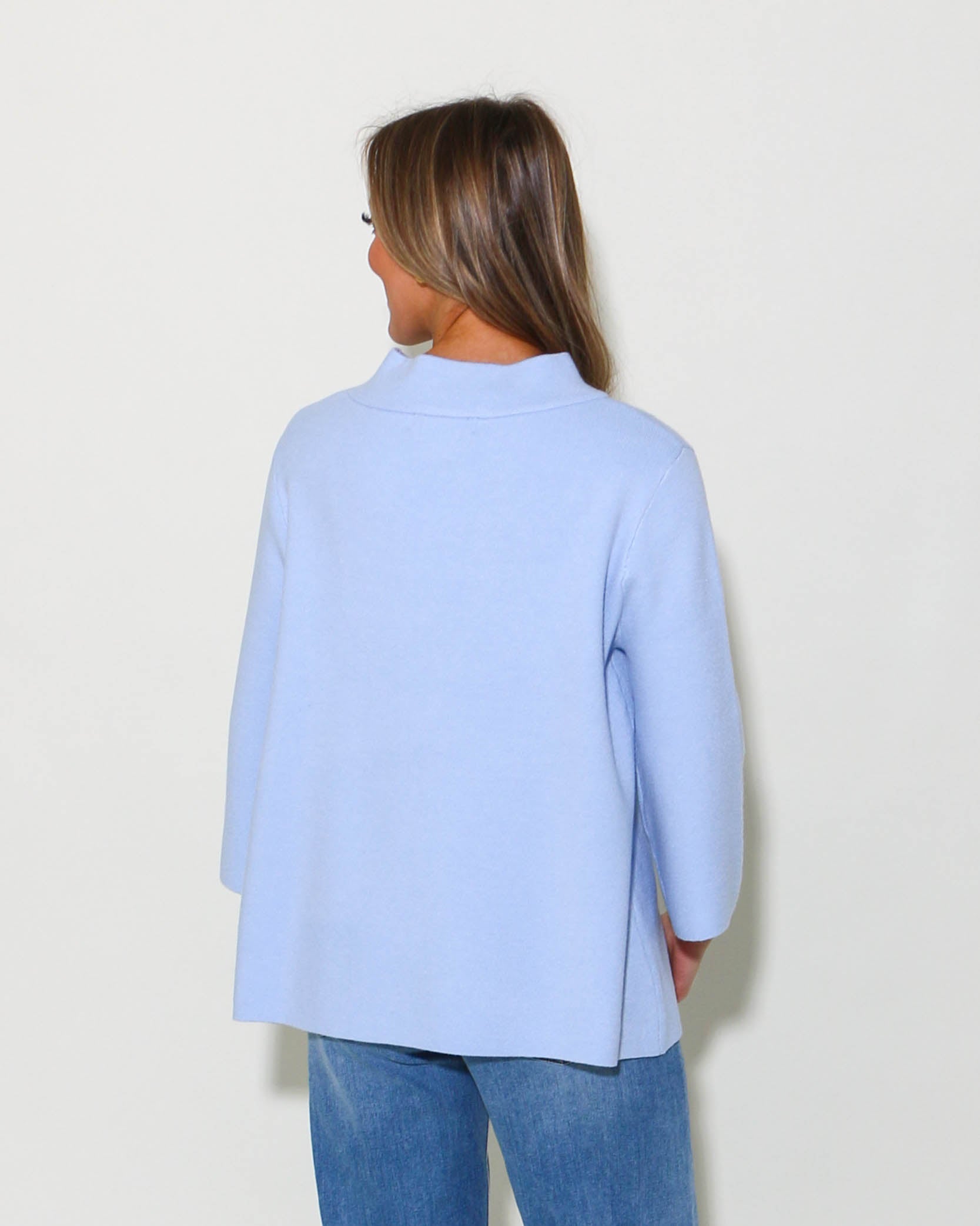 Mock Neck Pull Over Bell Sleeve Sweater in Baby Blue