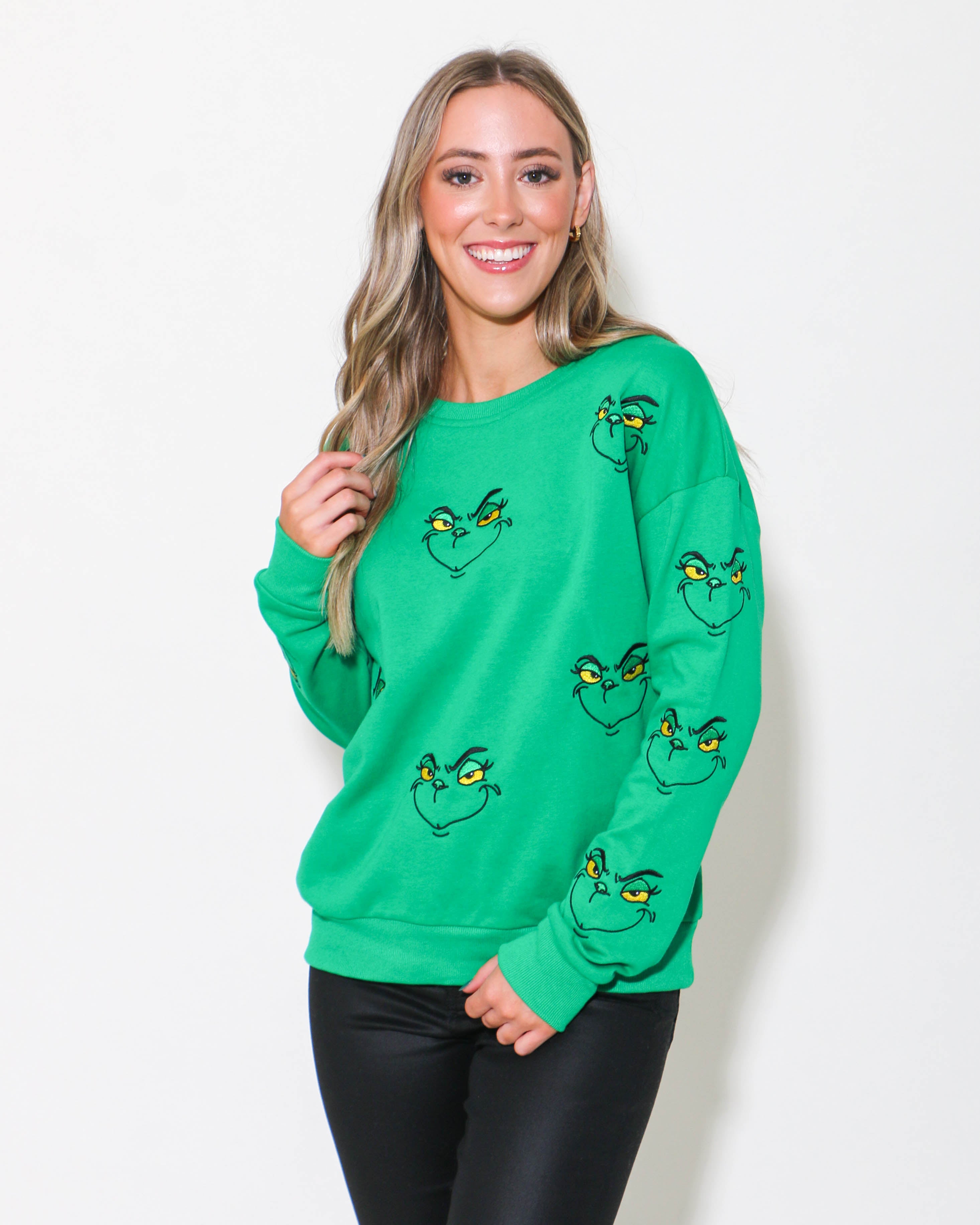 Grinch Face Sequin and Embroidered Sweatshirt