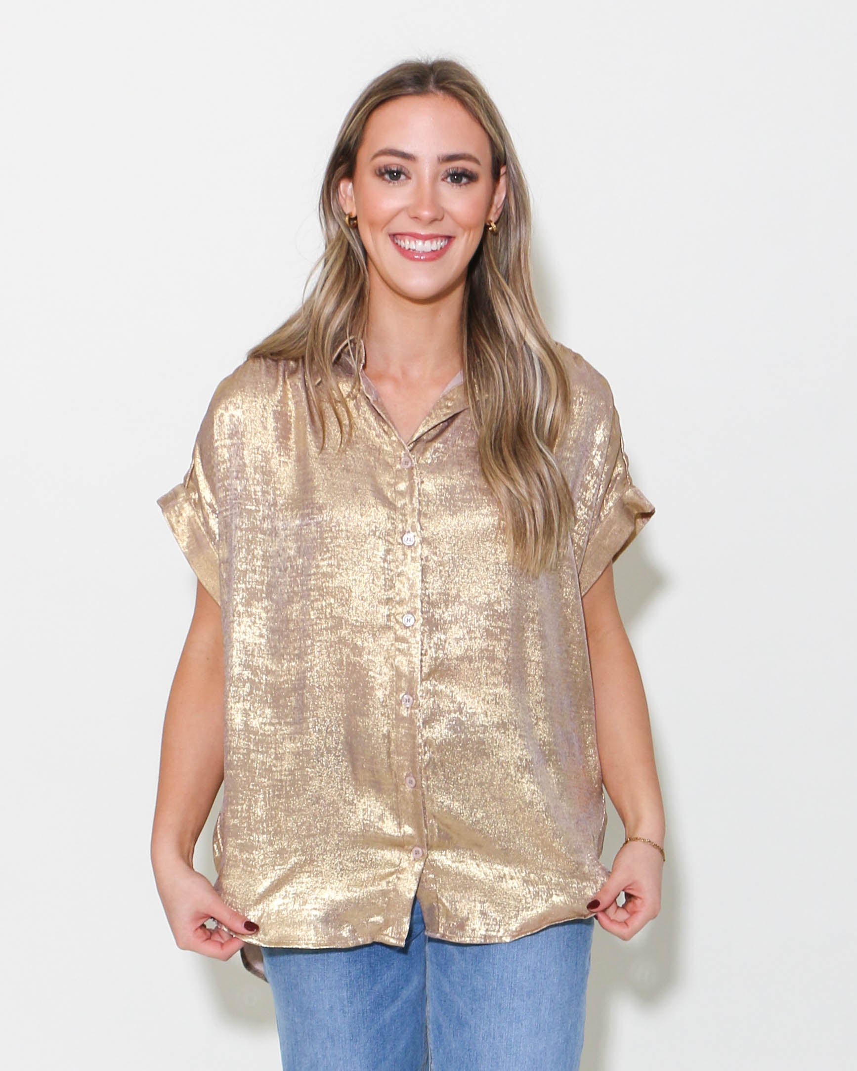 Metallic Collared Button Up Top in Gold