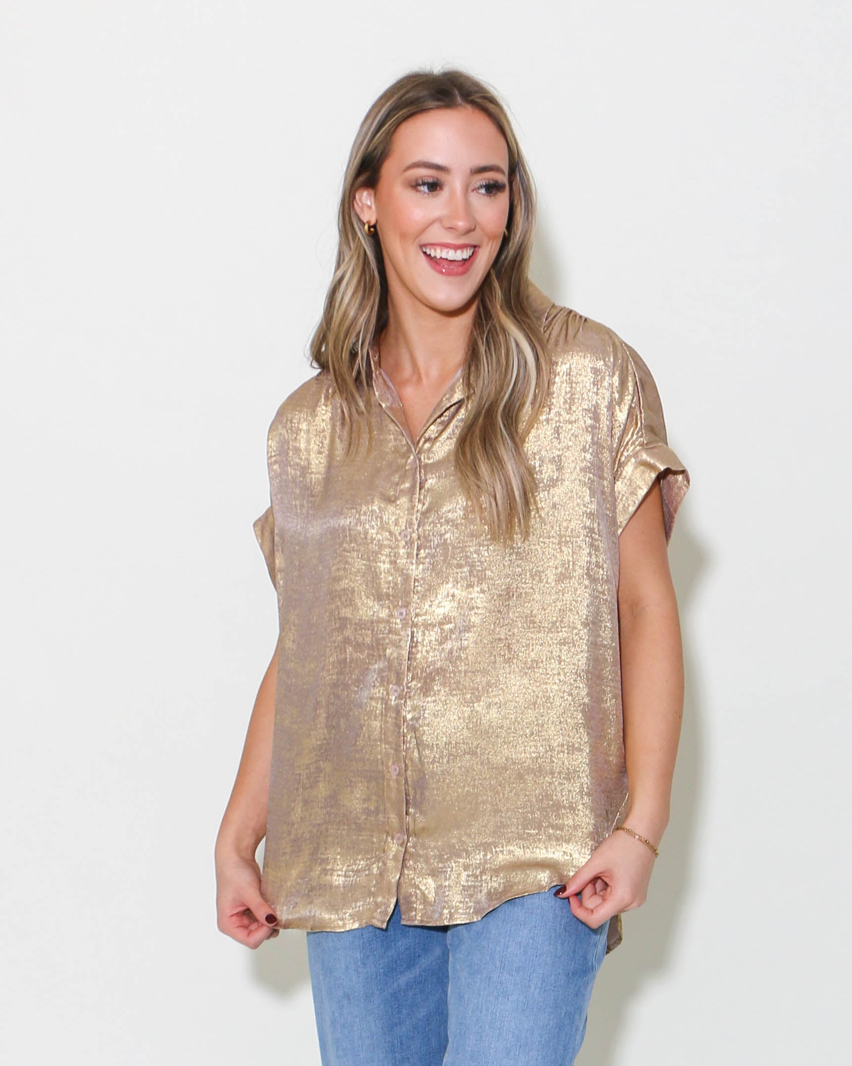 Metallic Collared Button Up Top in Gold