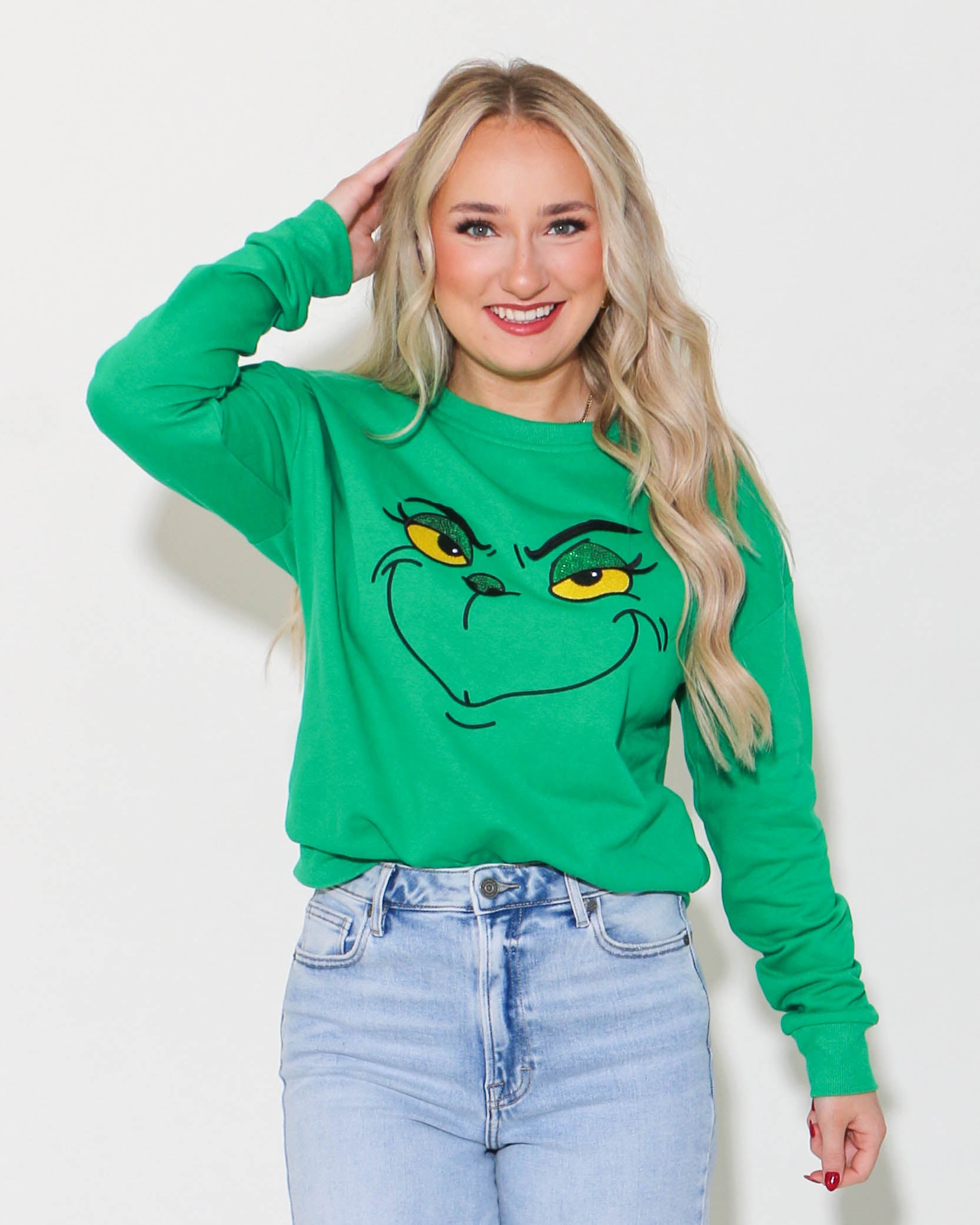 Big Grinch Face Sequin and Embroidered Sweatshirt