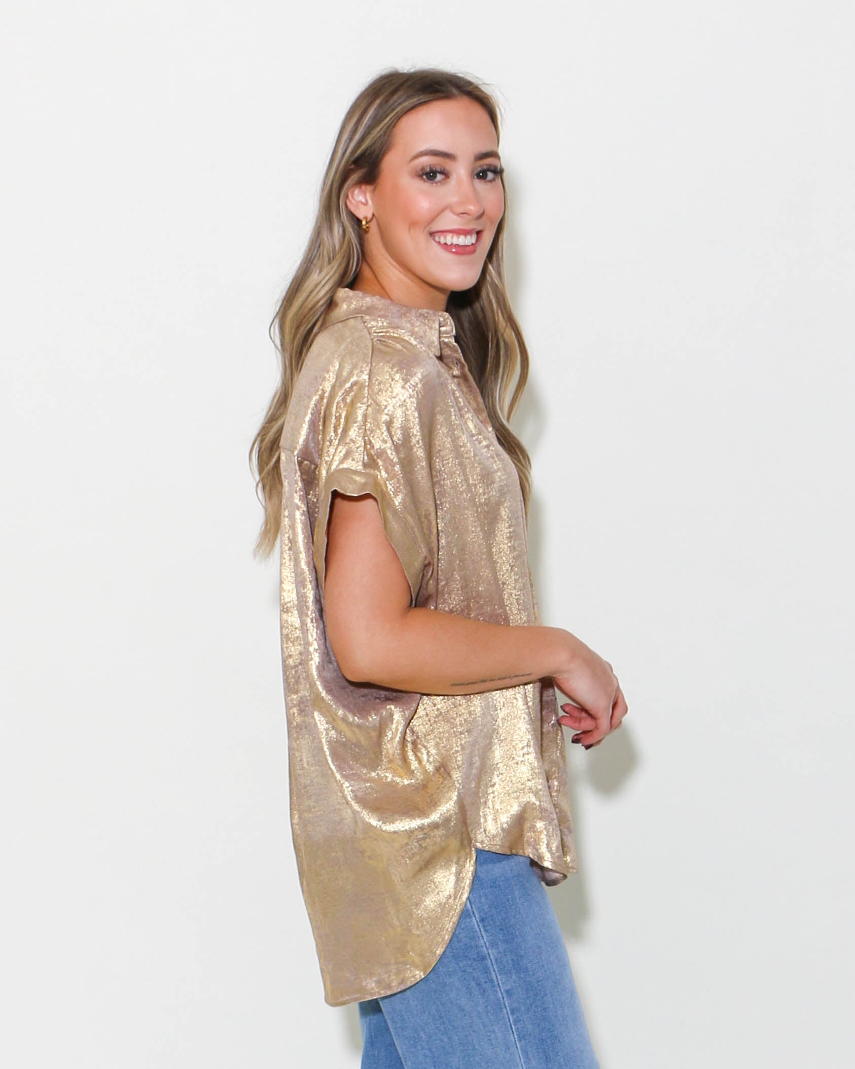 Metallic Collared Button Up Top in Gold