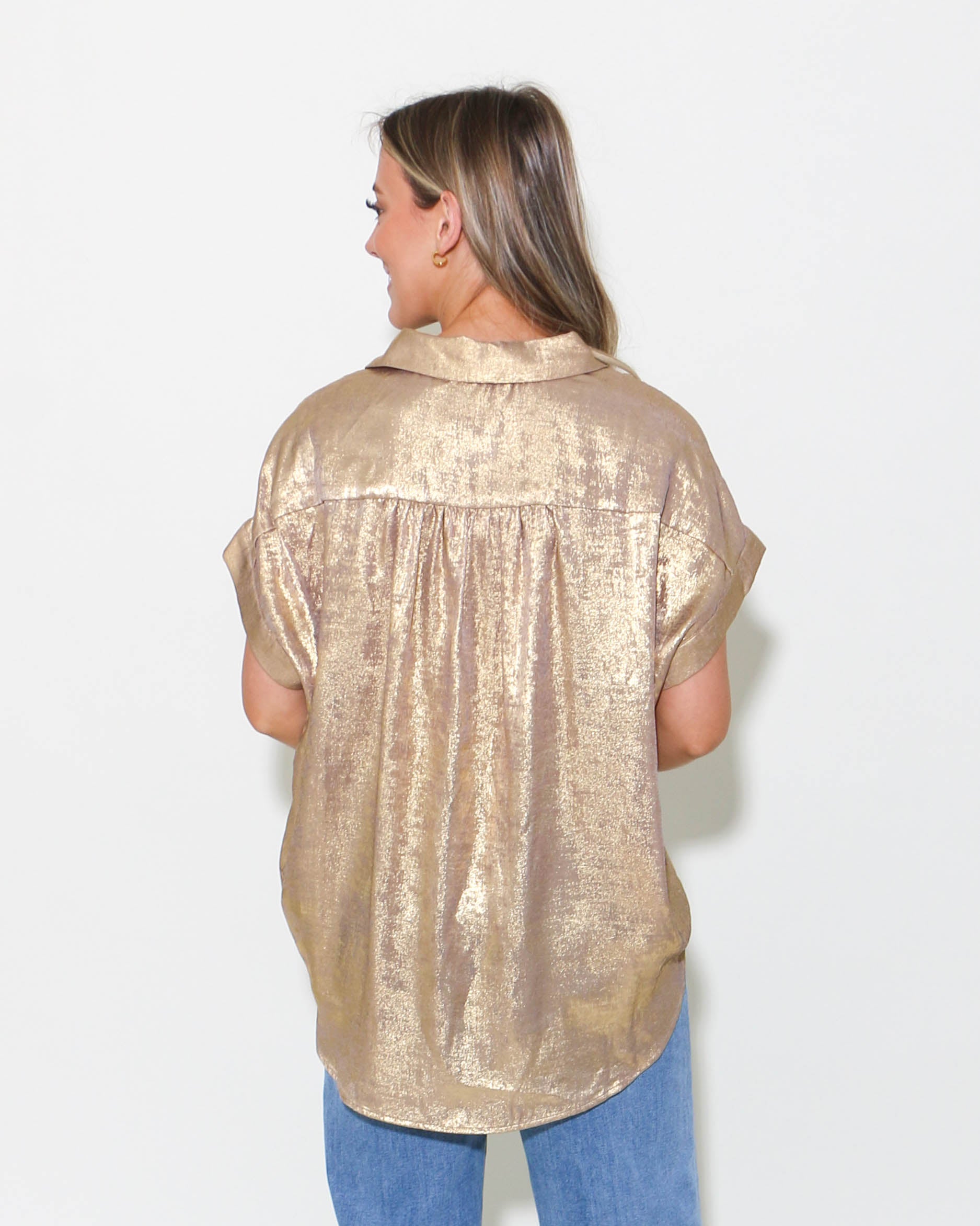 Metallic Collared Button Up Top in Gold