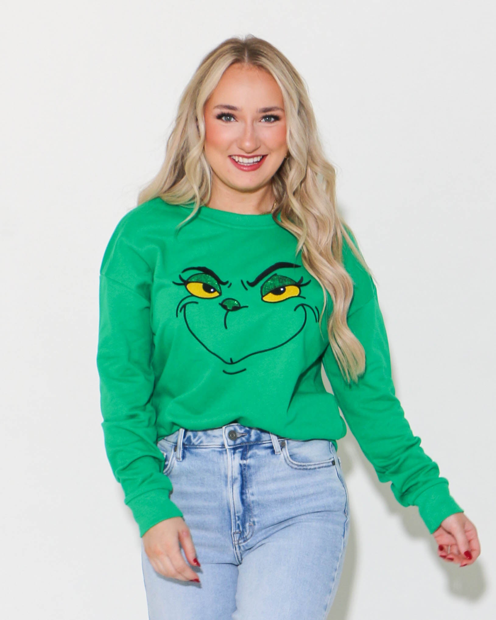 Big Grinch Face Sequin and Embroidered Sweatshirt