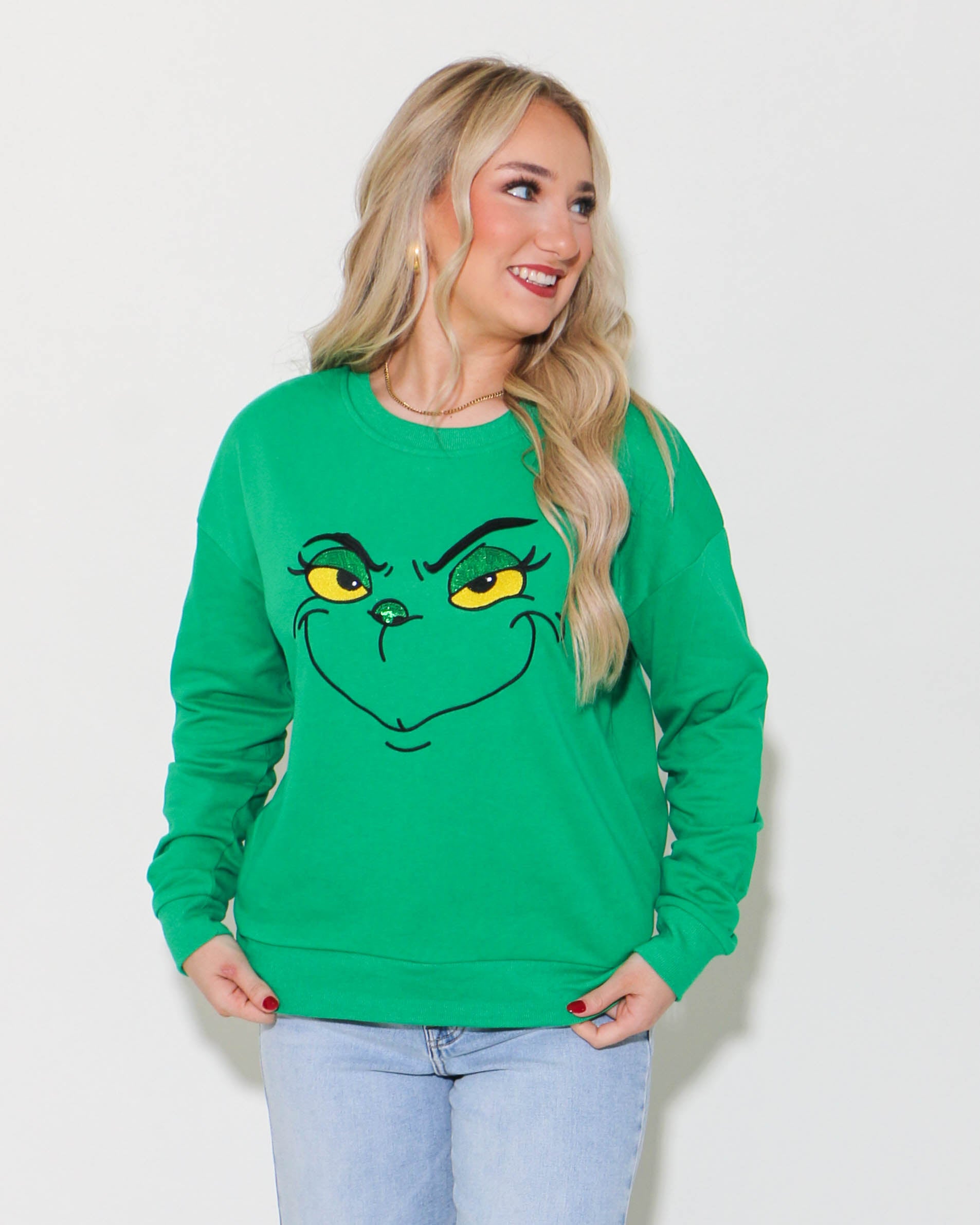 Big Grinch Face Sequin and Embroidered Sweatshirt