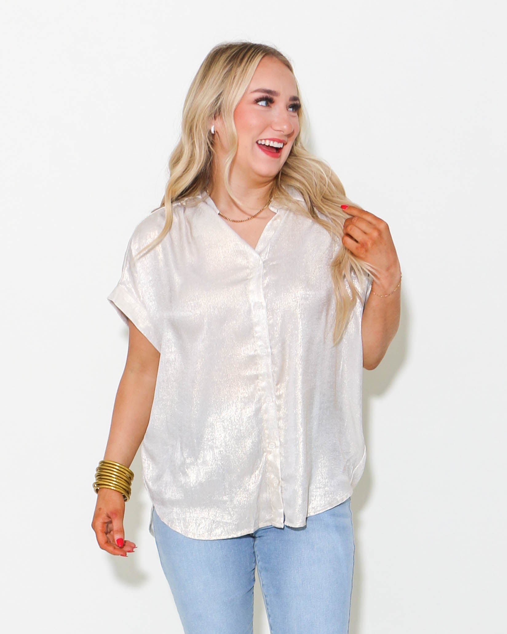 Metallic Collared Button Up Top in Champagne