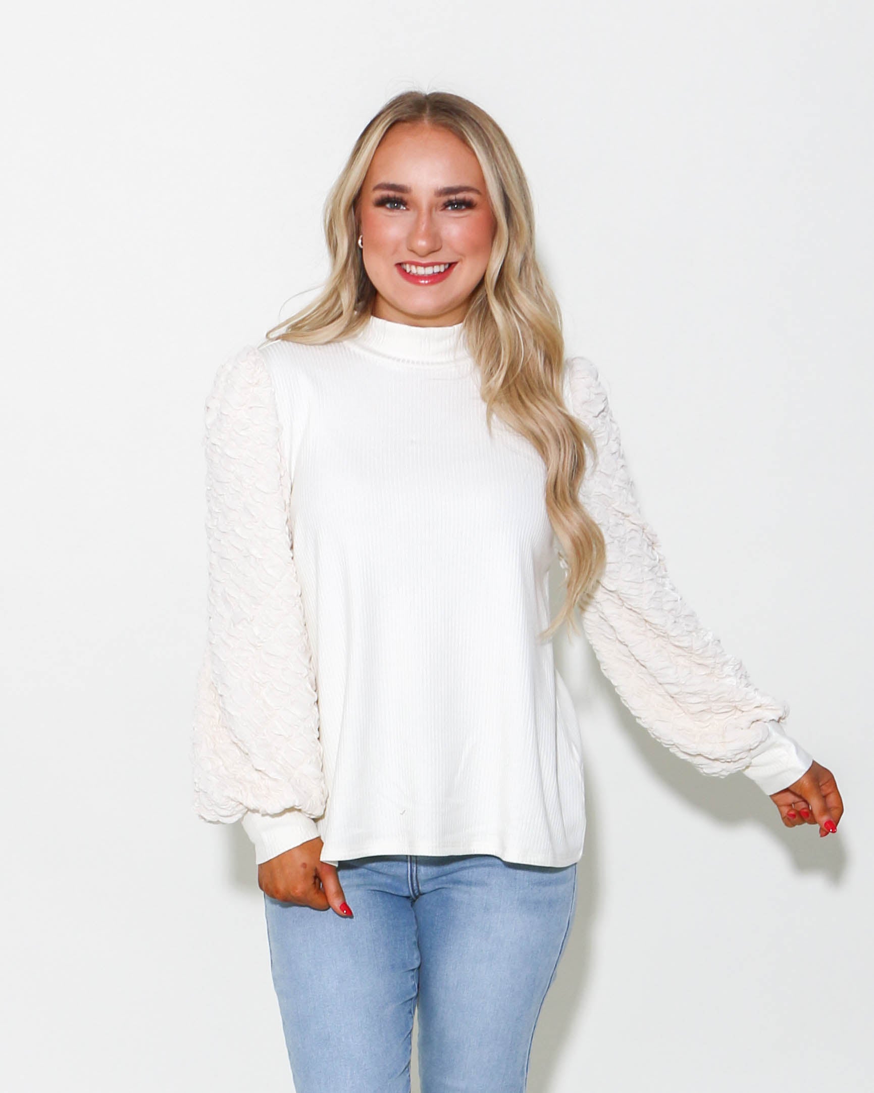 Textured Puff Sleeve Top in Ivory