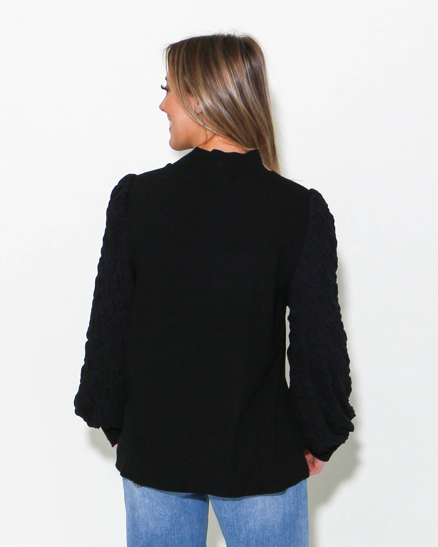 Textured Puff Sleeve Top in Black