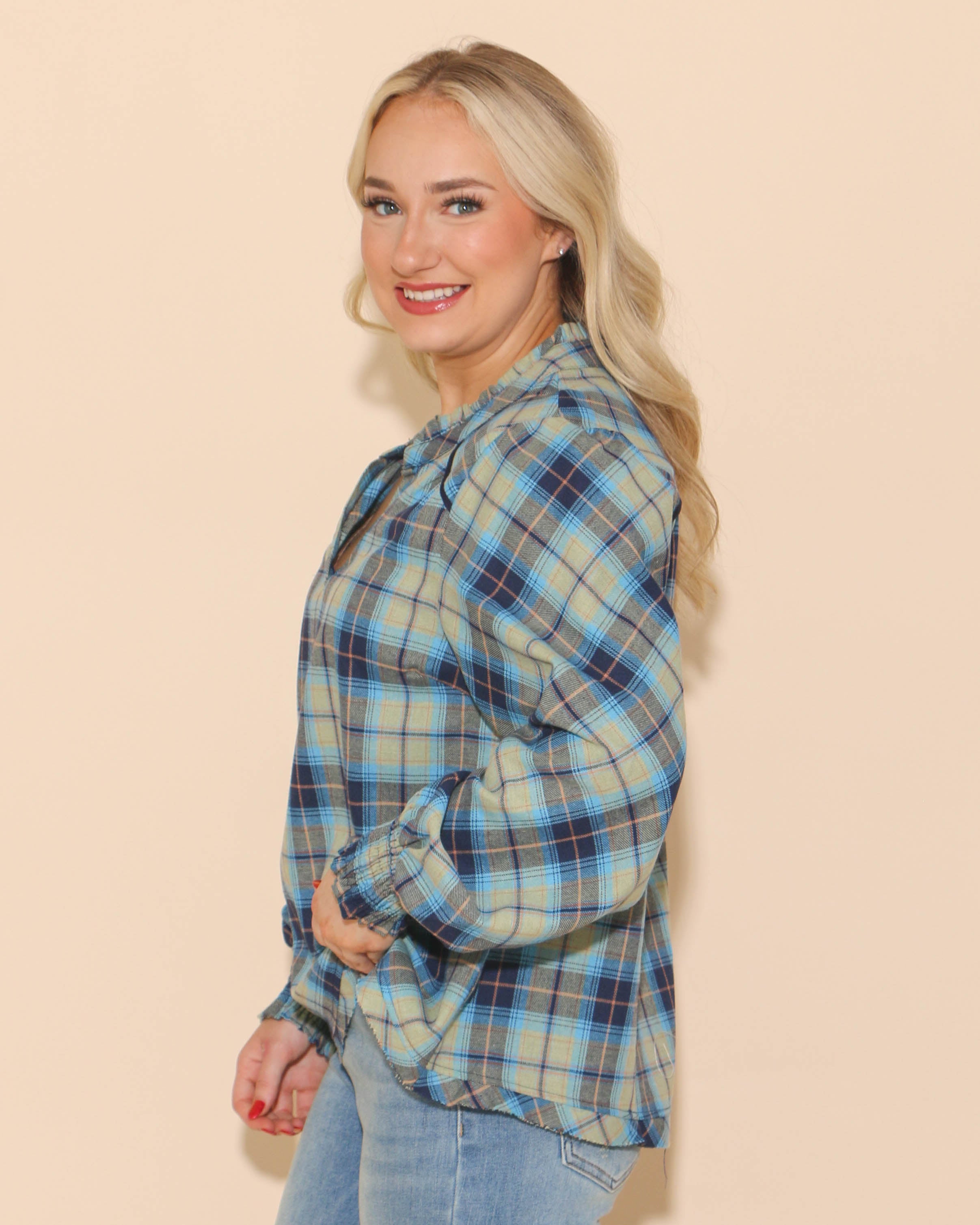 Ruffled Collar Checkered Top