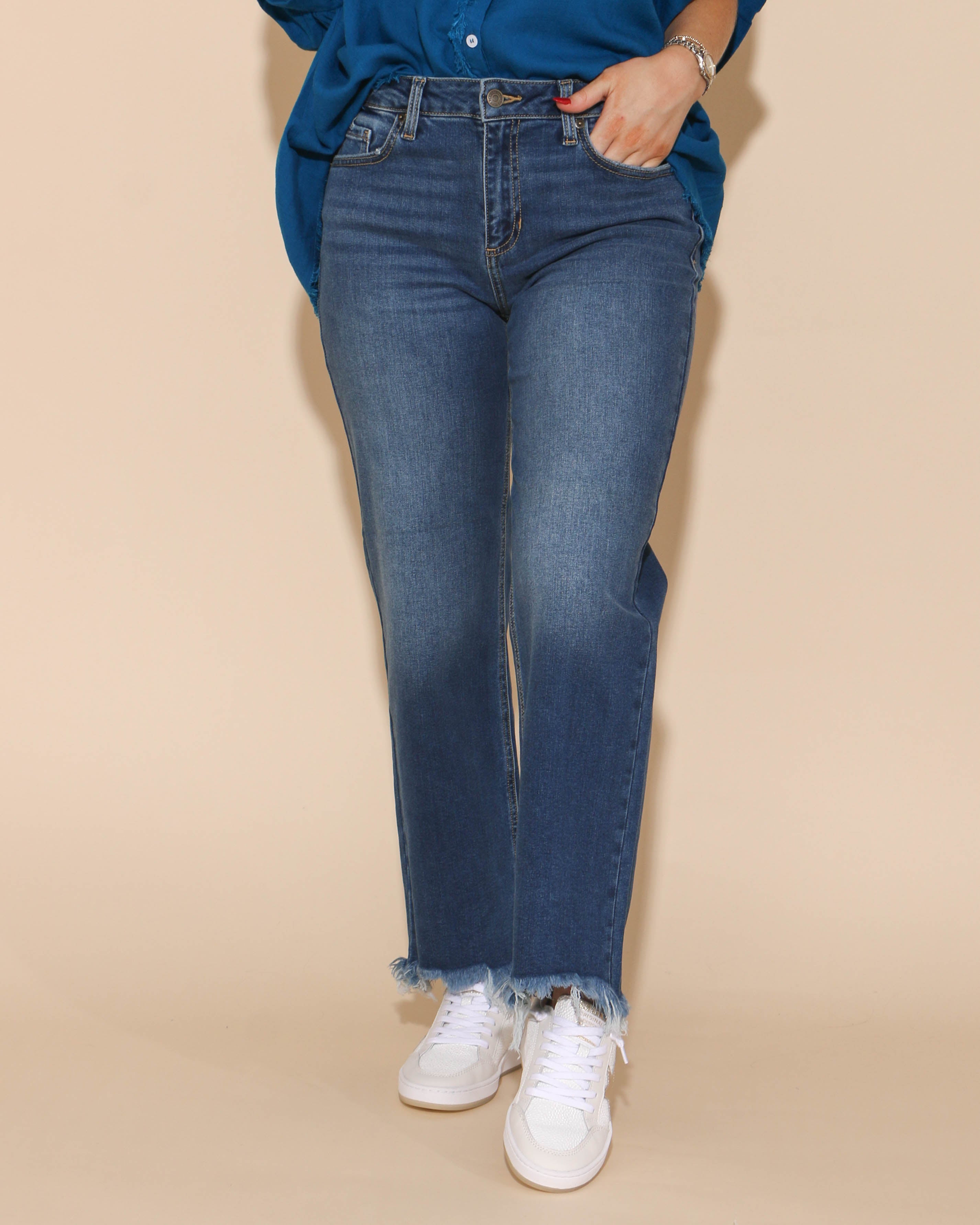 Medium Dark Cropped Straight Jeans