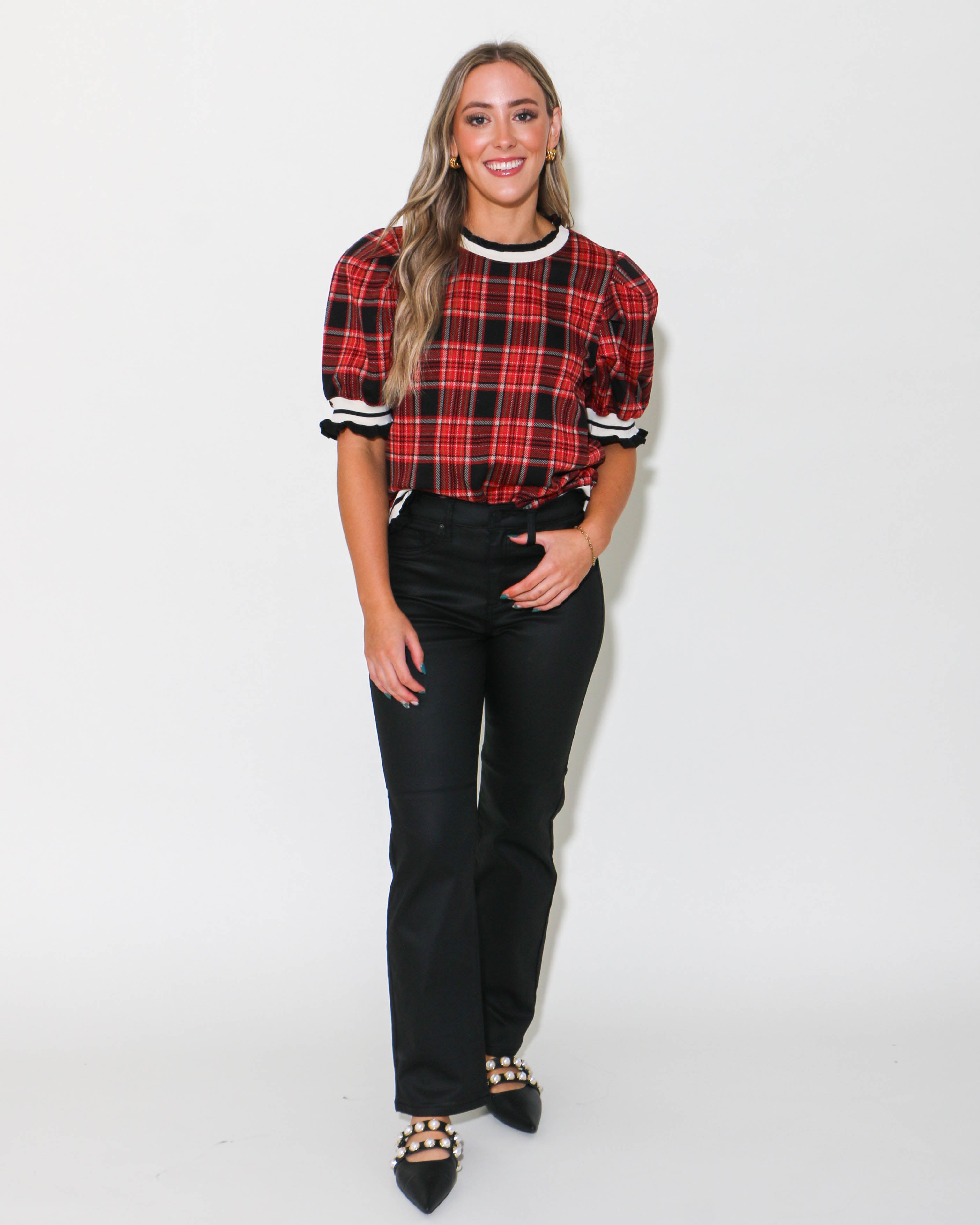 Plaid Short Puff Sleeve Crewneck Top in Black