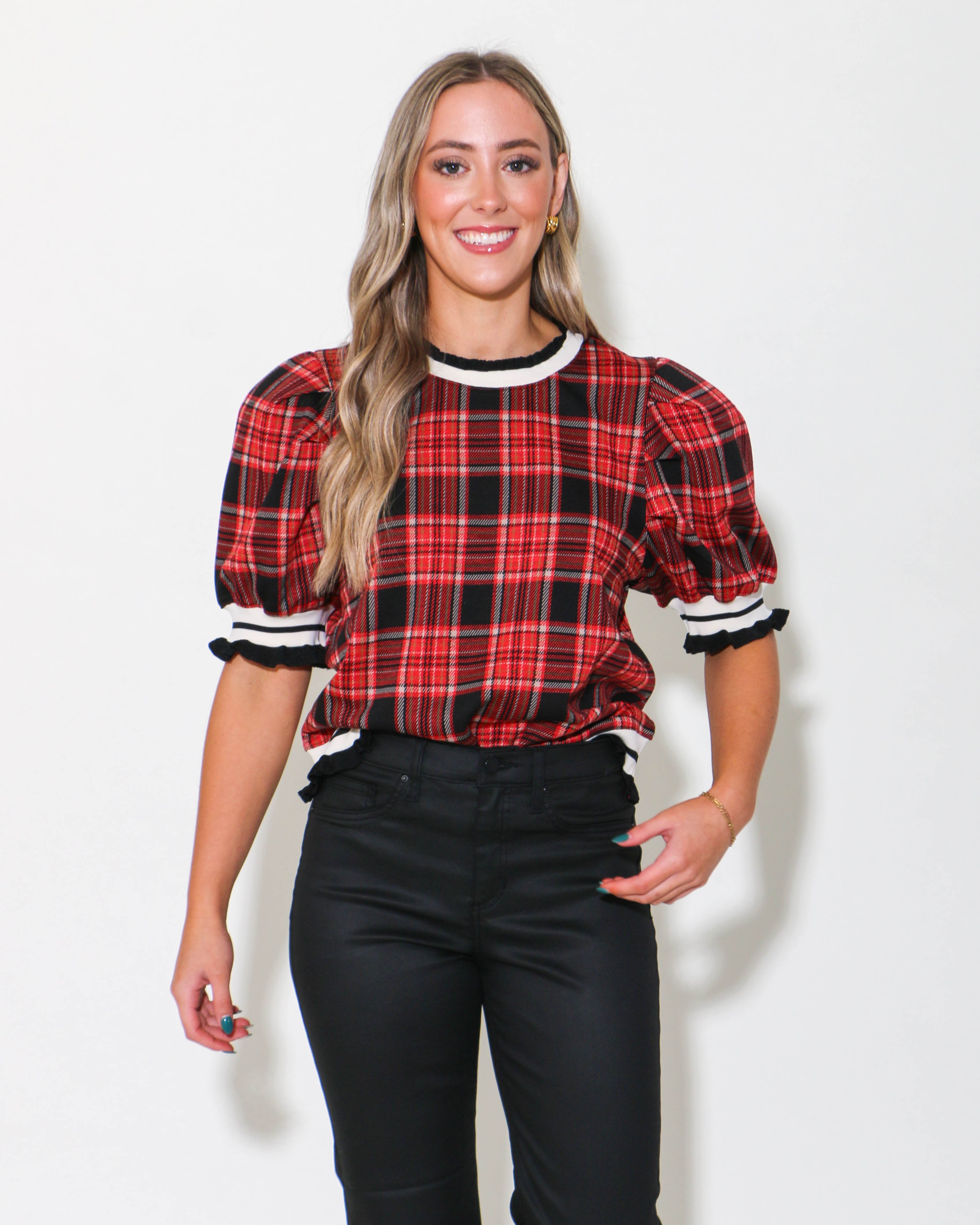 Plaid Short Puff Sleeve Crewneck Top in Black