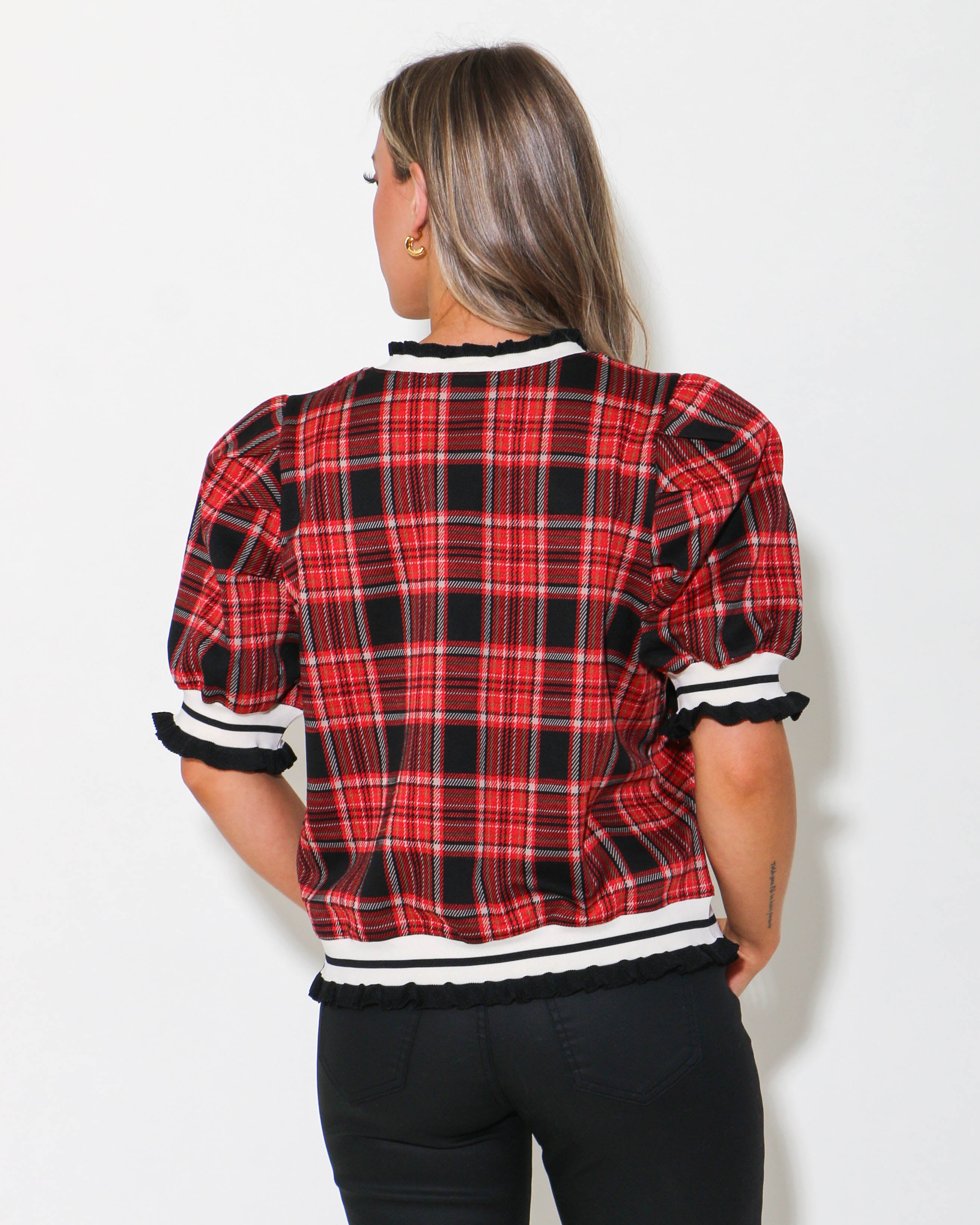 Plaid Short Puff Sleeve Crewneck Top in Black