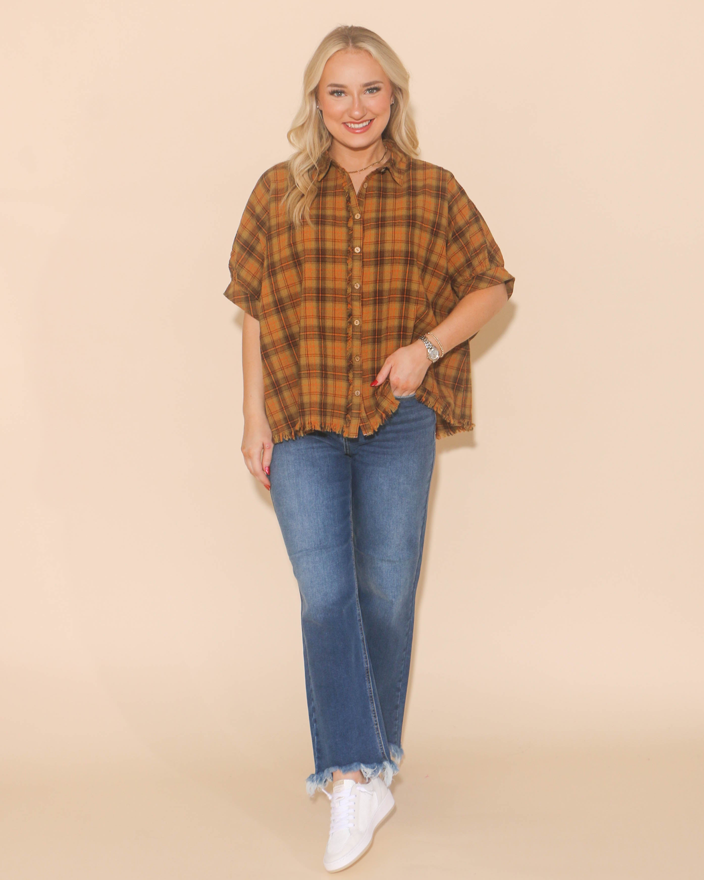 Plaid Collared Button Down Top in Mustard