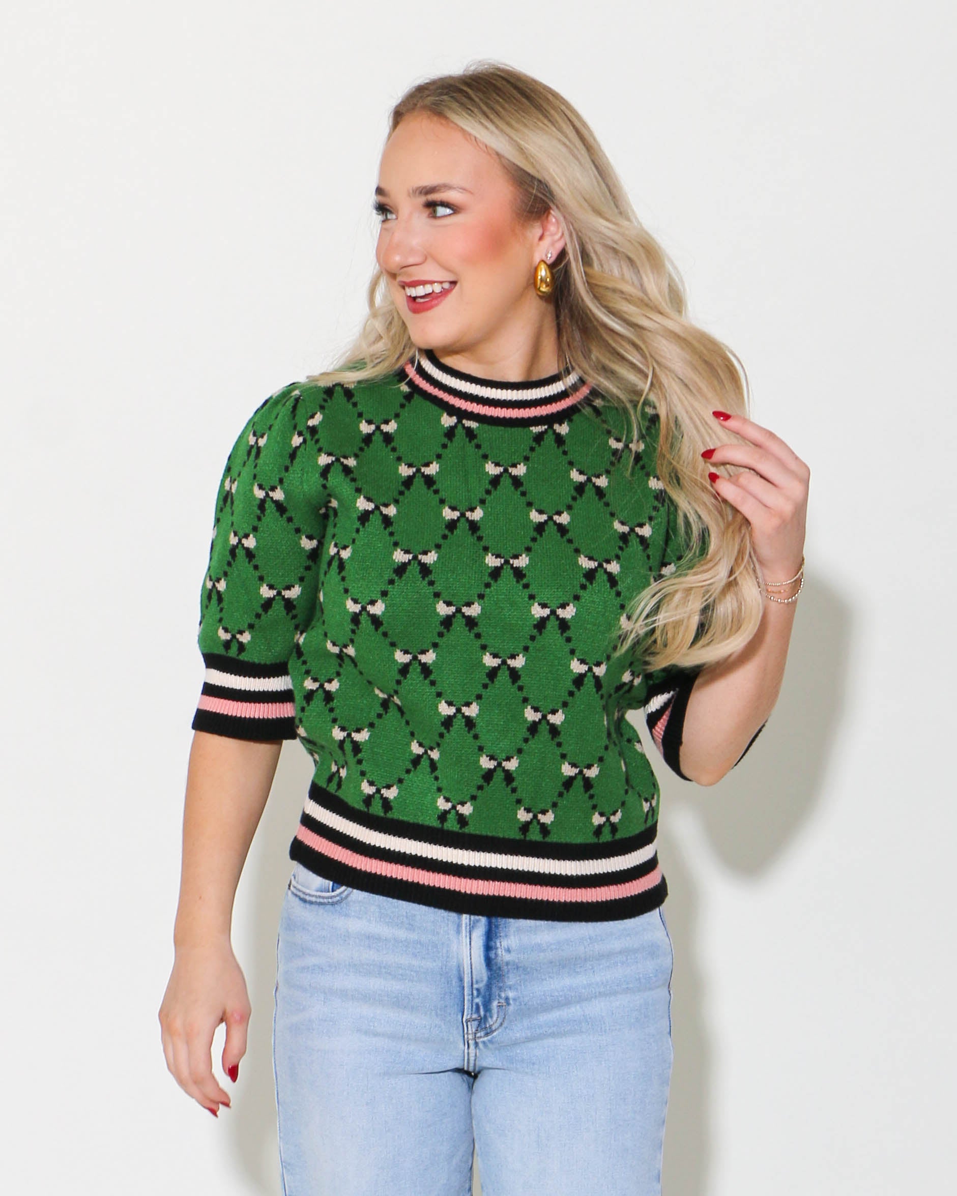 THML Green Short Sleeve Ribbon Detail Top