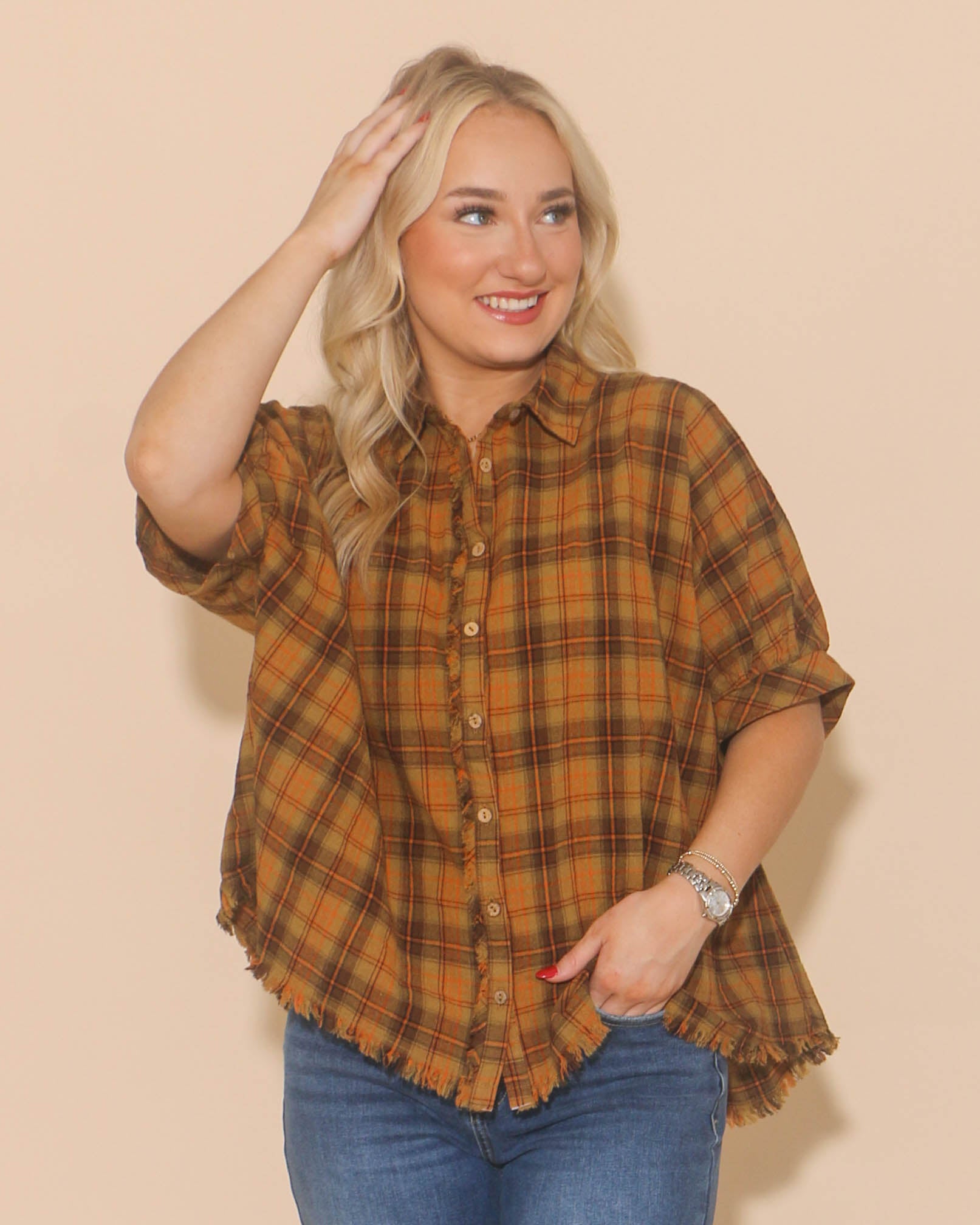 Plaid Collared Button Down Top in Mustard