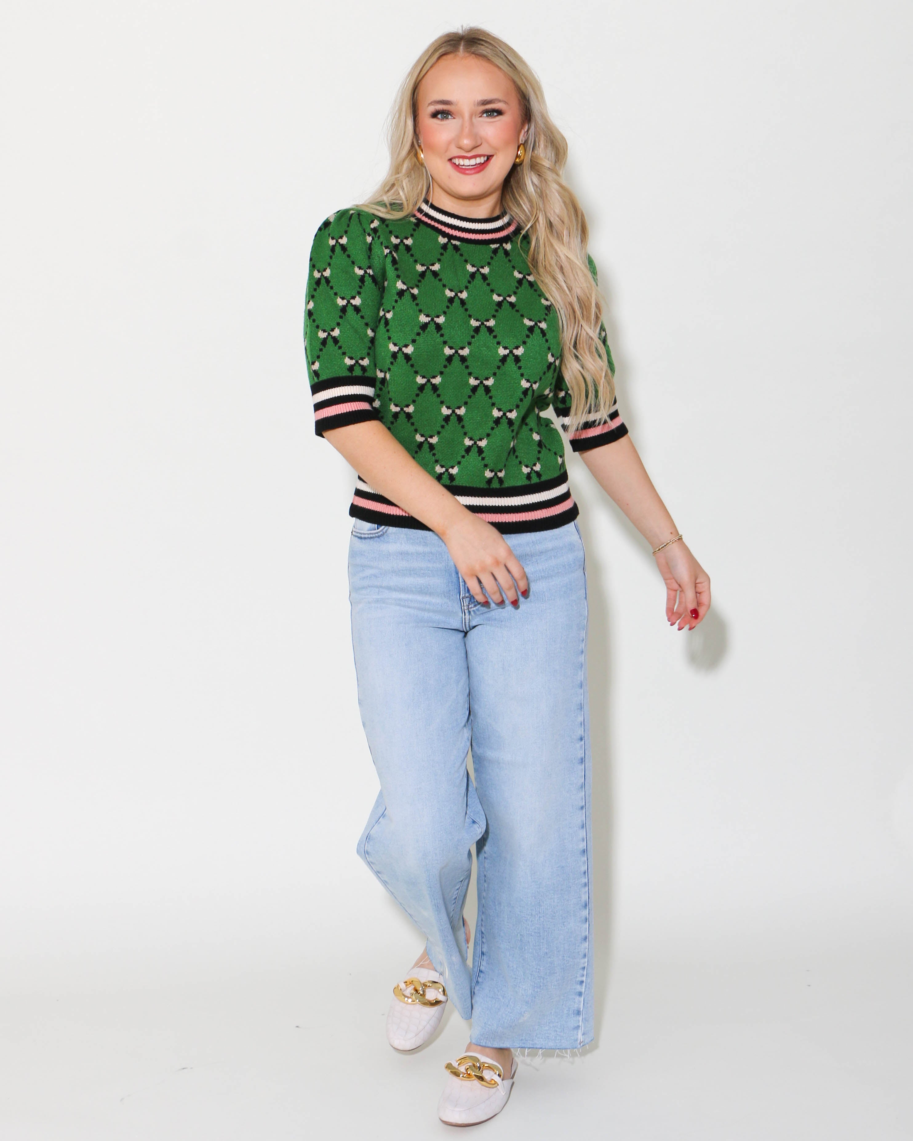 THML Green Short Sleeve Ribbon Detail Top