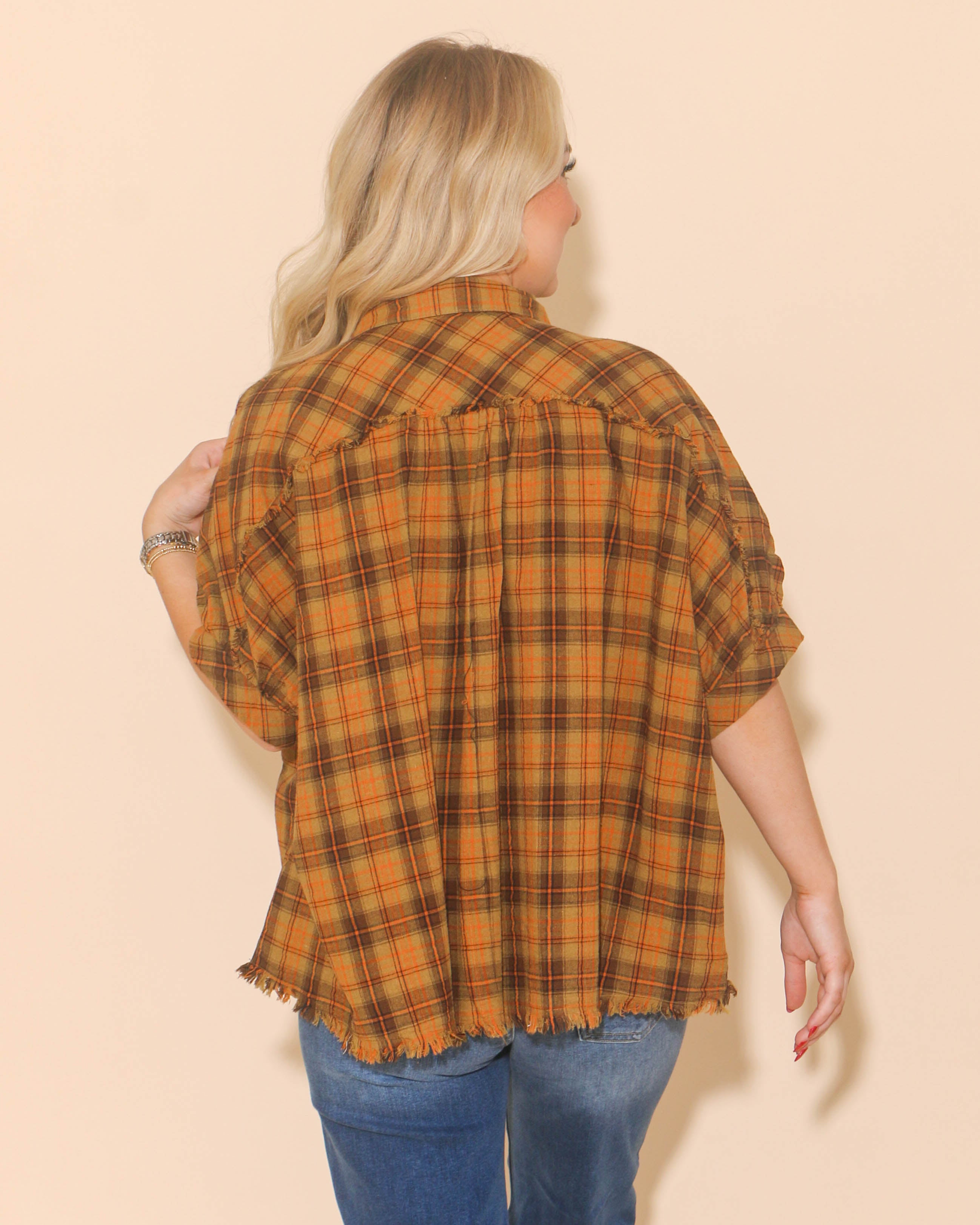 Plaid Collared Button Down Top in Mustard