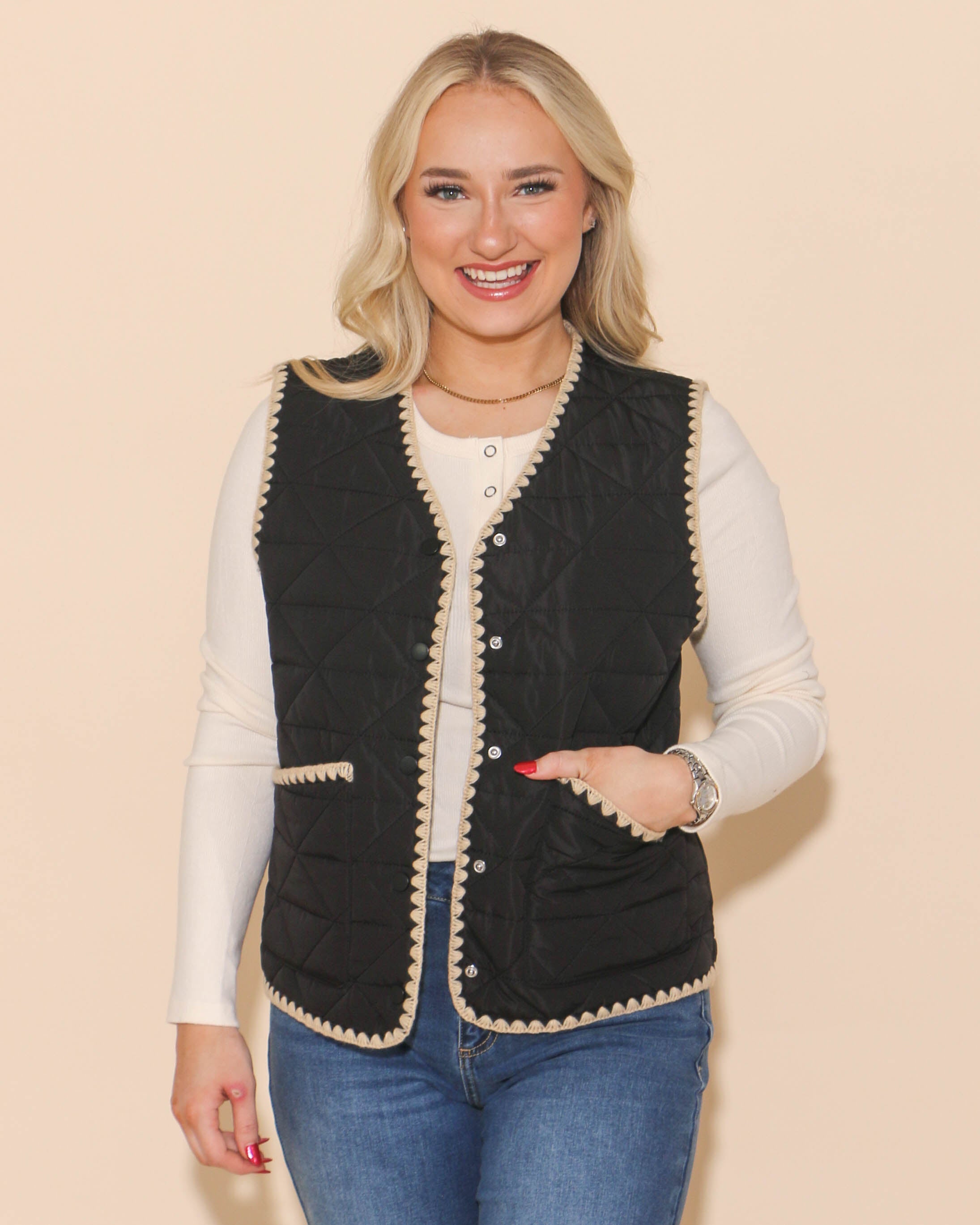 Black Pocket Vest with Trim