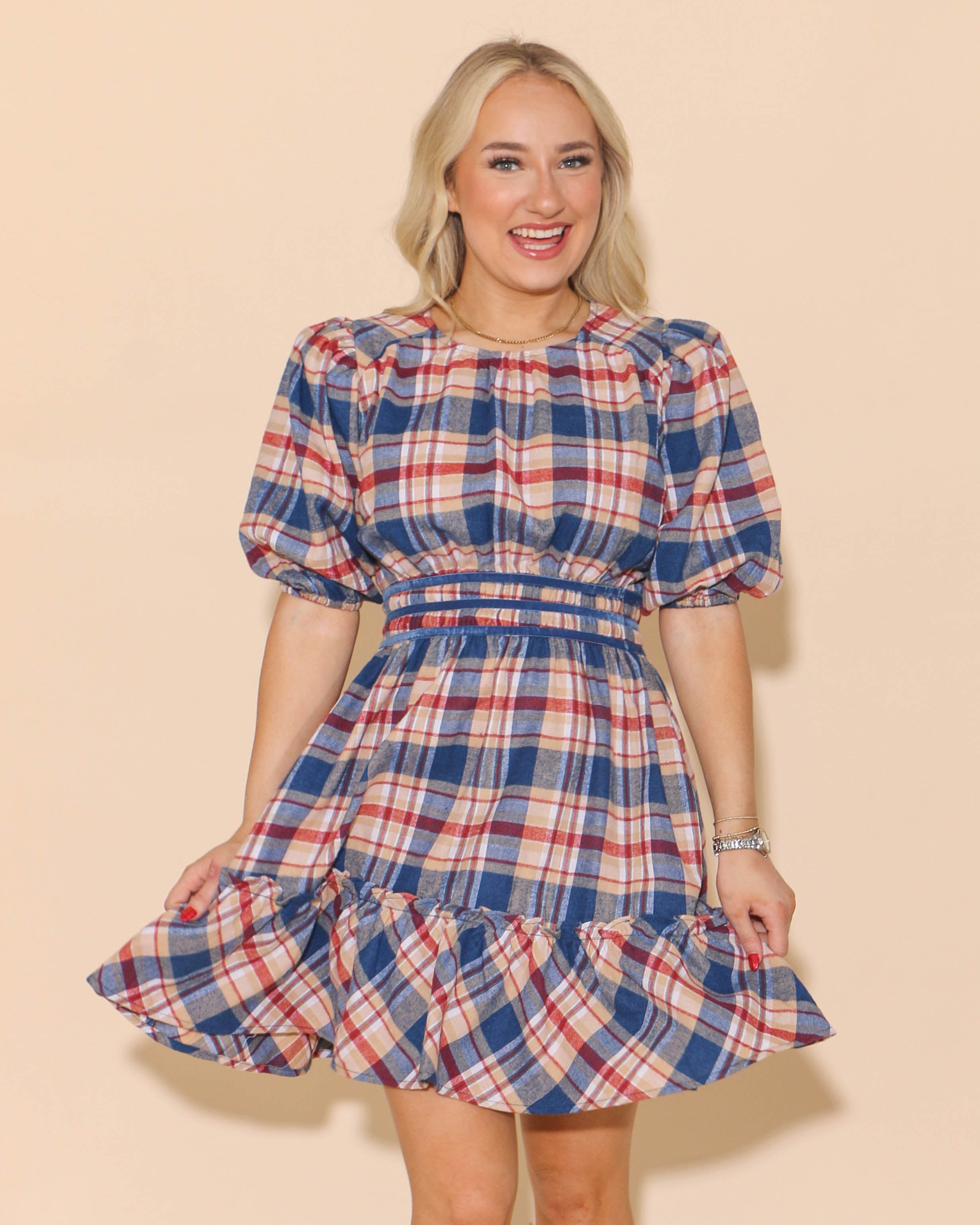 Round Neck Plaid Dress