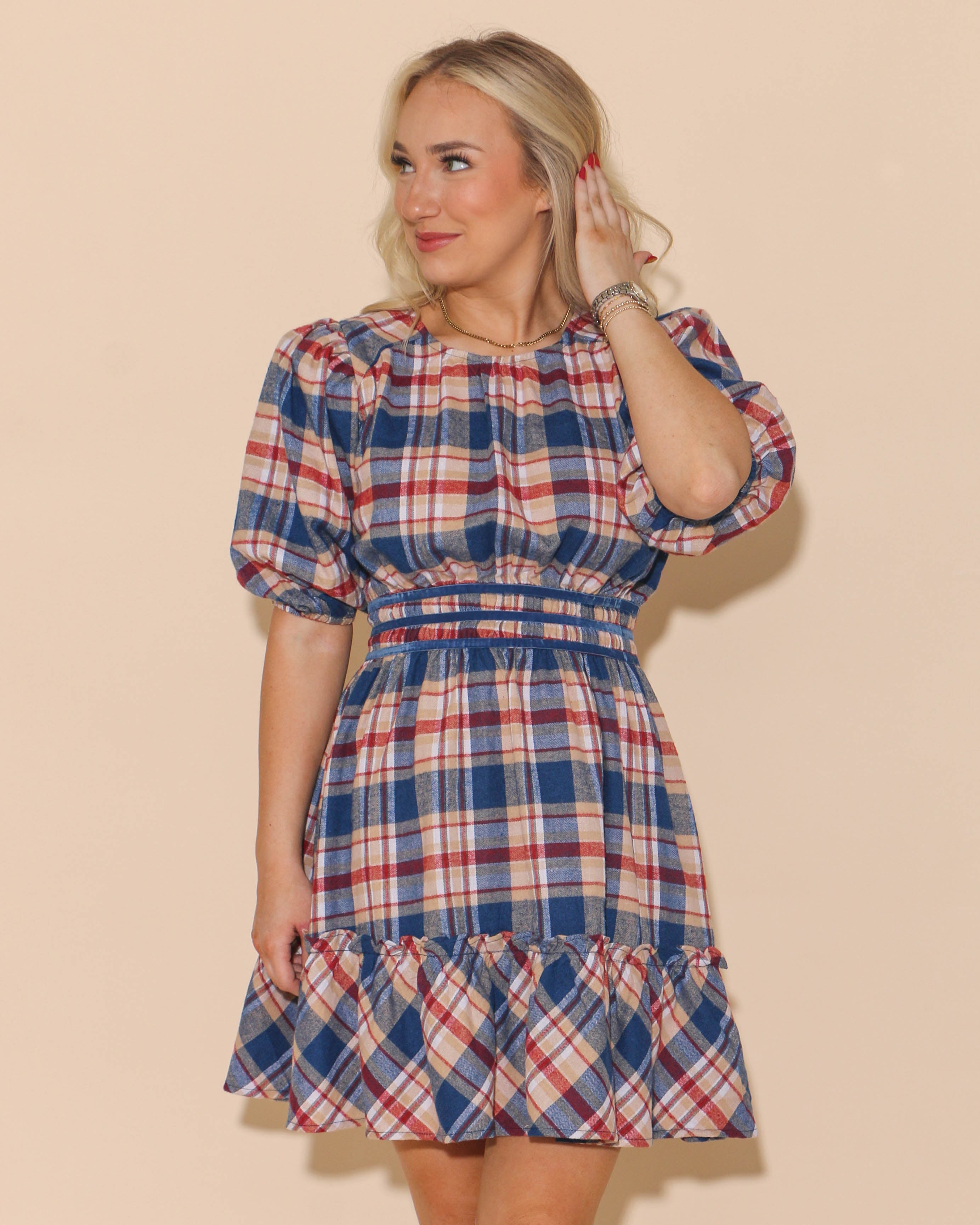 Round Neck Plaid Dress