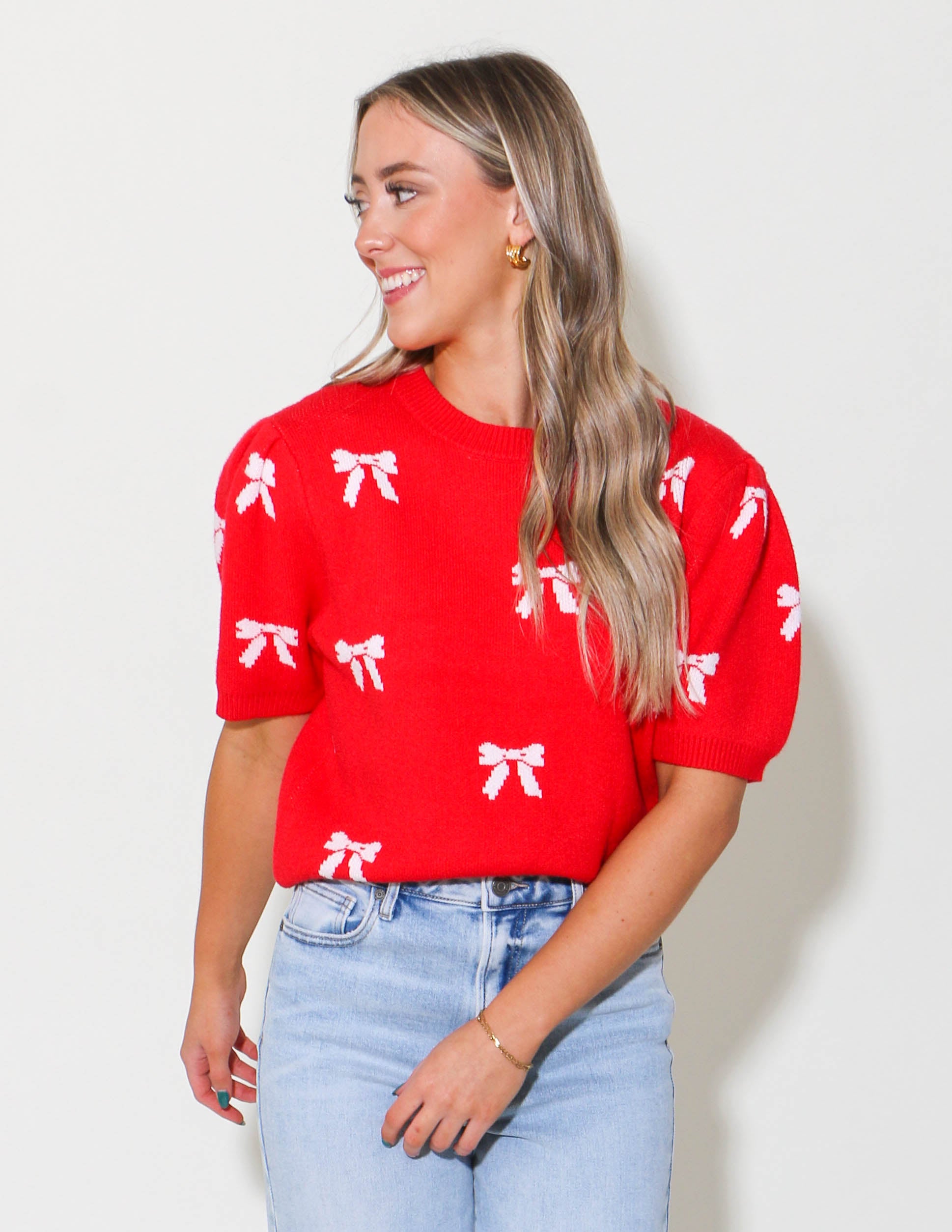 Puff Short Sleeve Bow Pattern Sweater Top