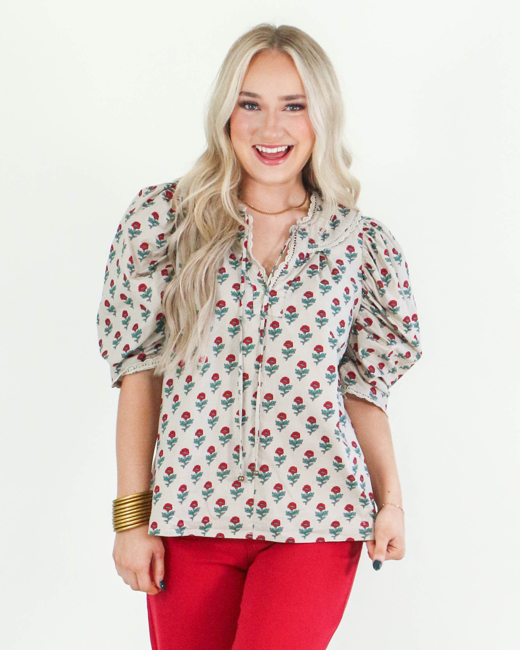 Floral Print V-Neck Short Sleeve Top In Taupe