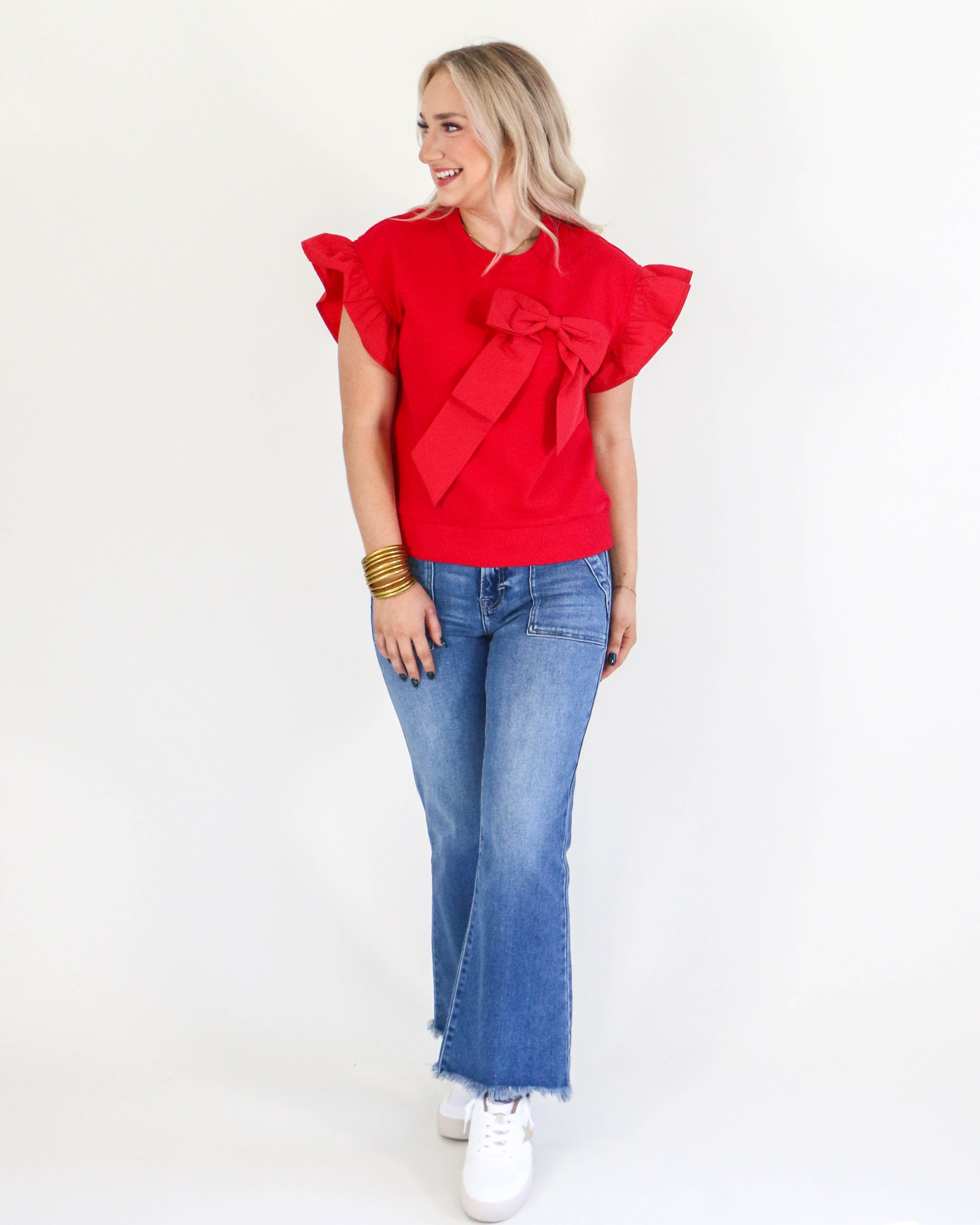 Ribbon Ruffle Sleeve Top in Red