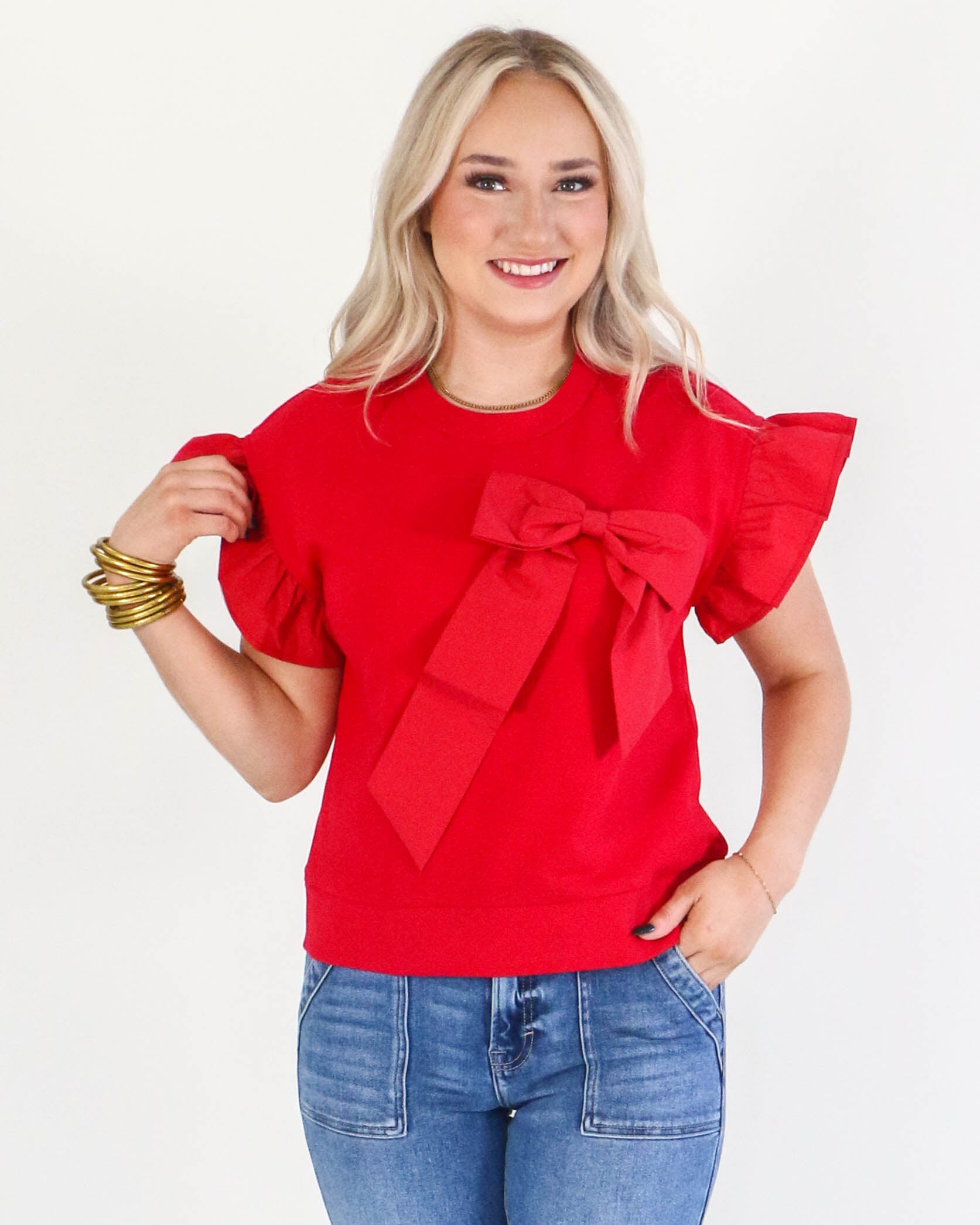 Ribbon Ruffle Sleeve Top in Red