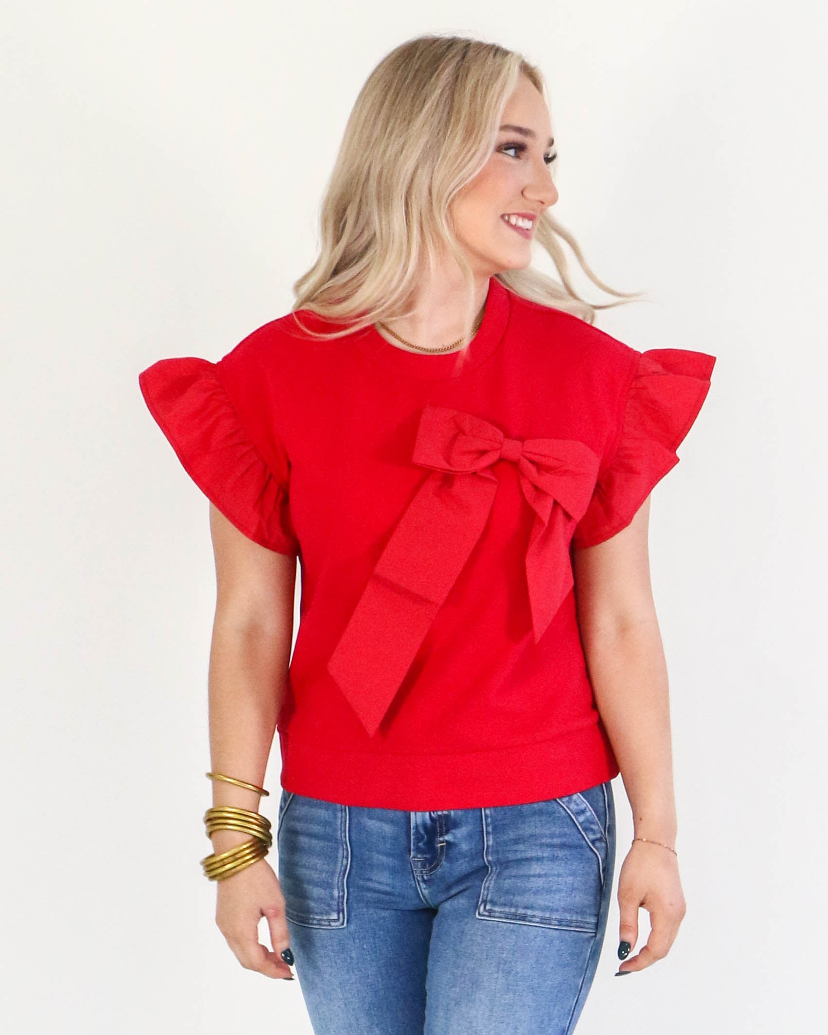 Ribbon Ruffle Sleeve Top in Red