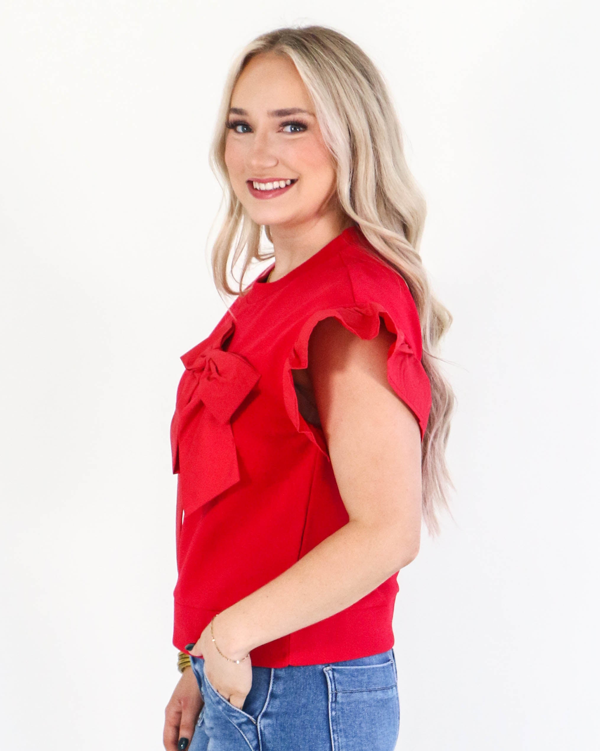 Ribbon Ruffle Sleeve Top in Red