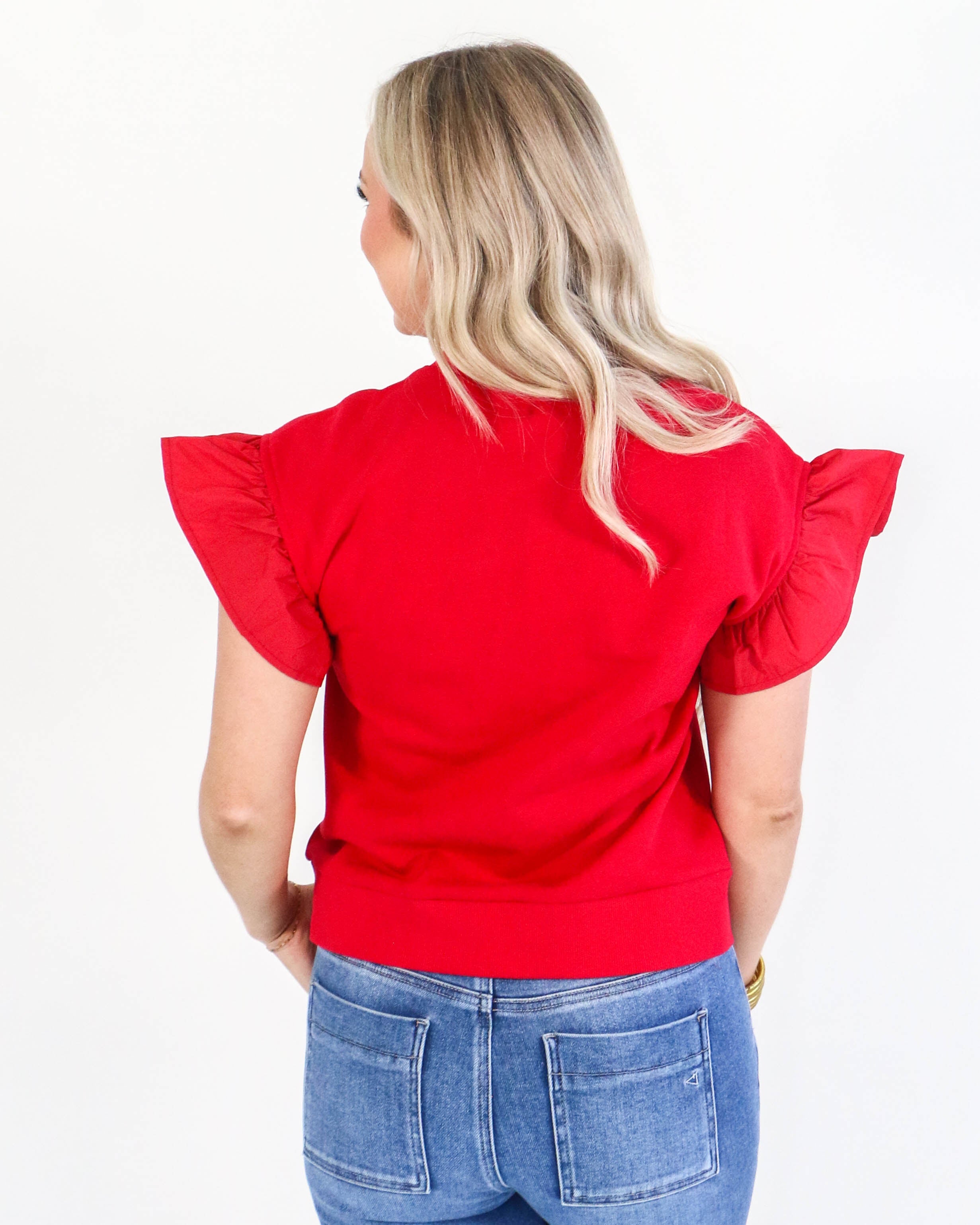 Ribbon Ruffle Sleeve Top in Red