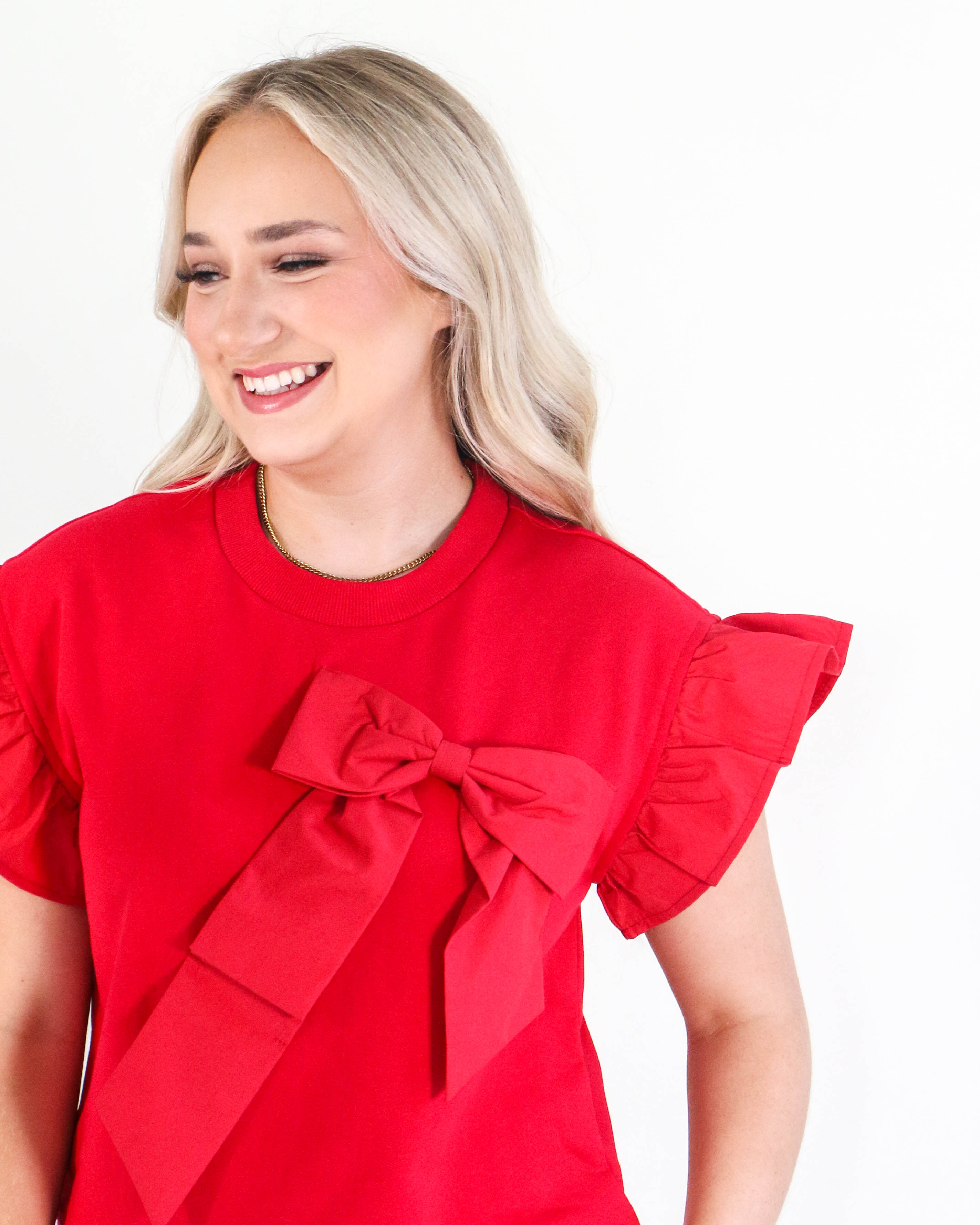 Ribbon Ruffle Sleeve Top in Red