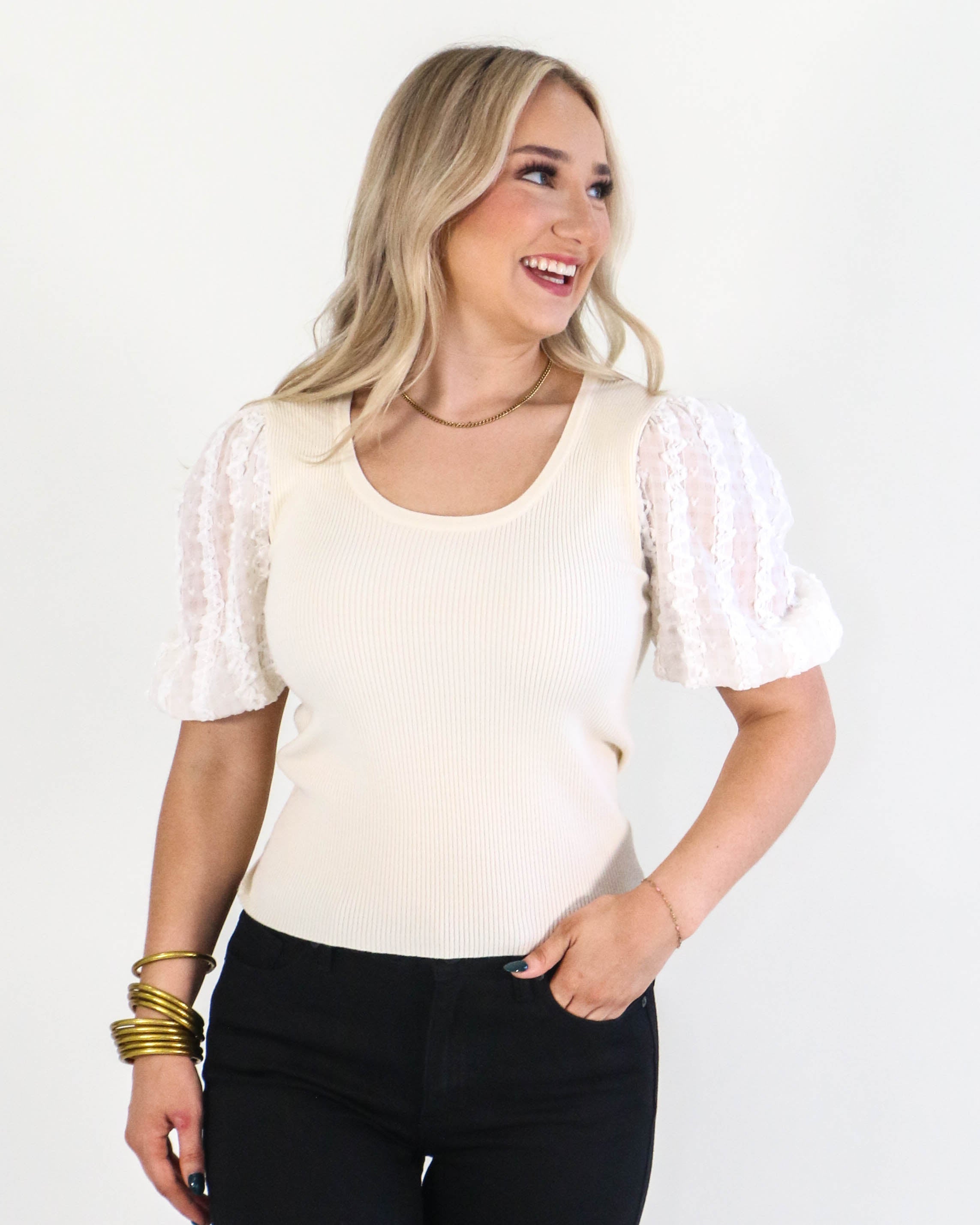 Cream Puff Sleeve Embellished Top