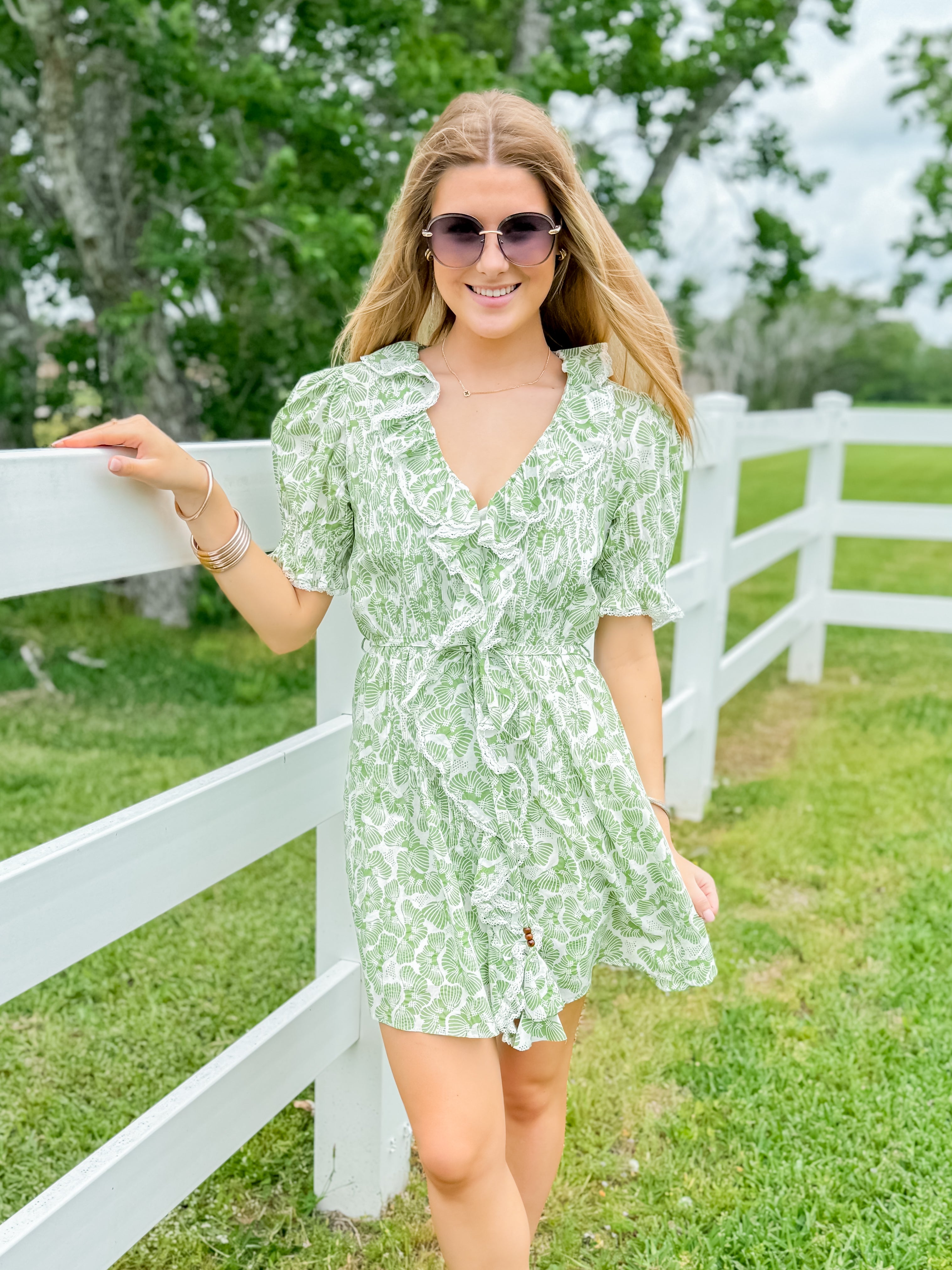 Ruffle Pintuck Dress in Green