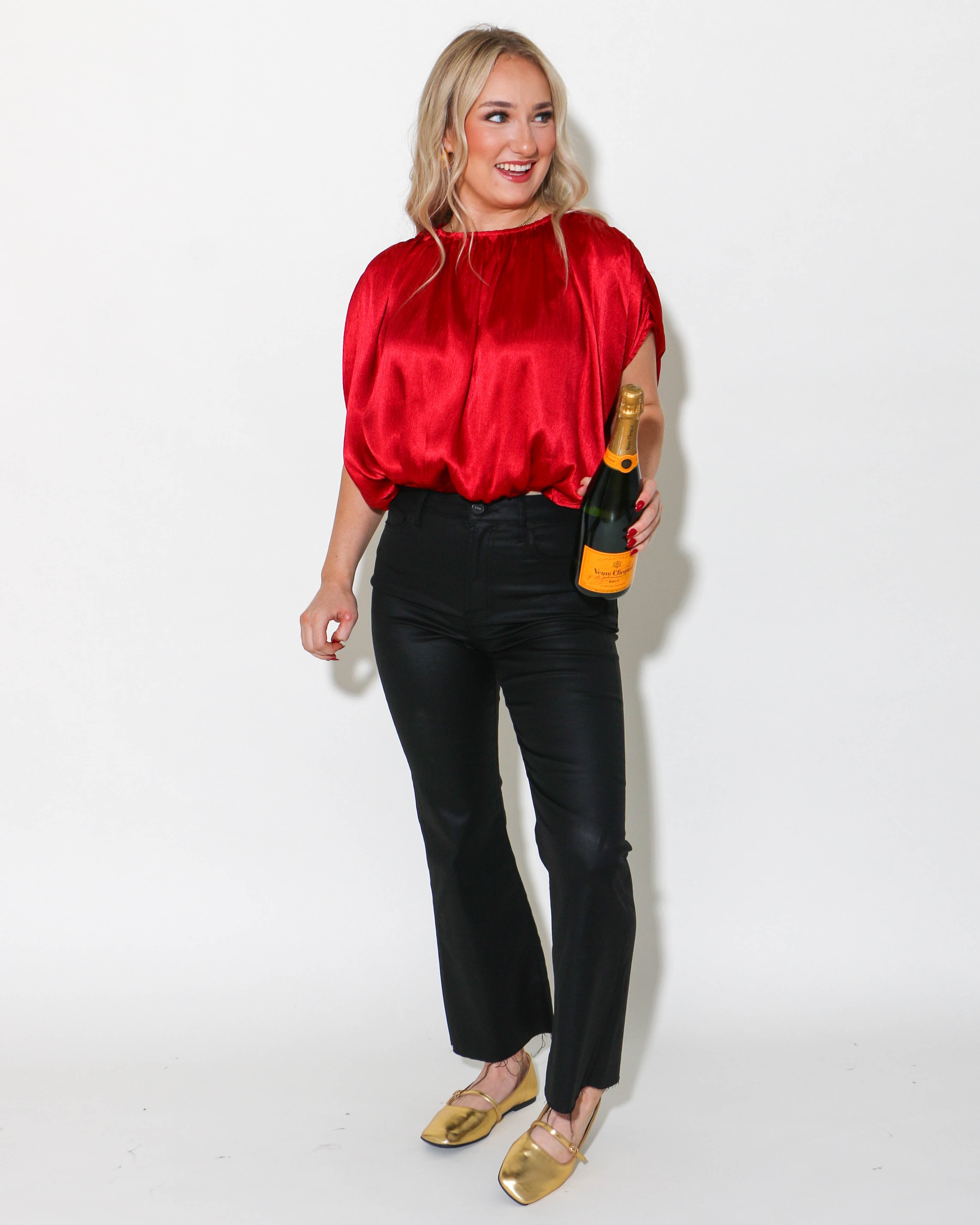 Round Neck Bubble Hem Top in Ruby