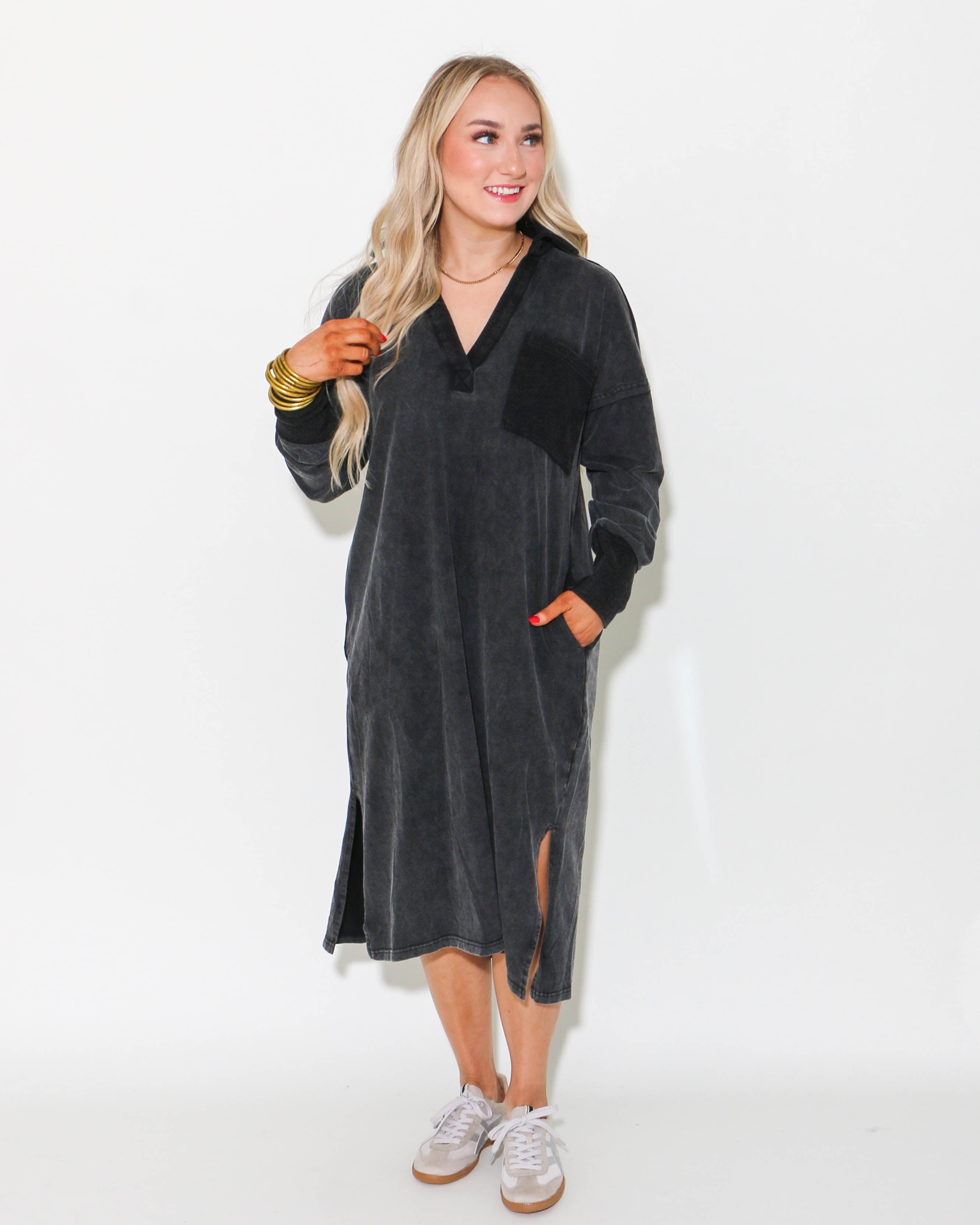 Mineral Washed Casual Midi Dress