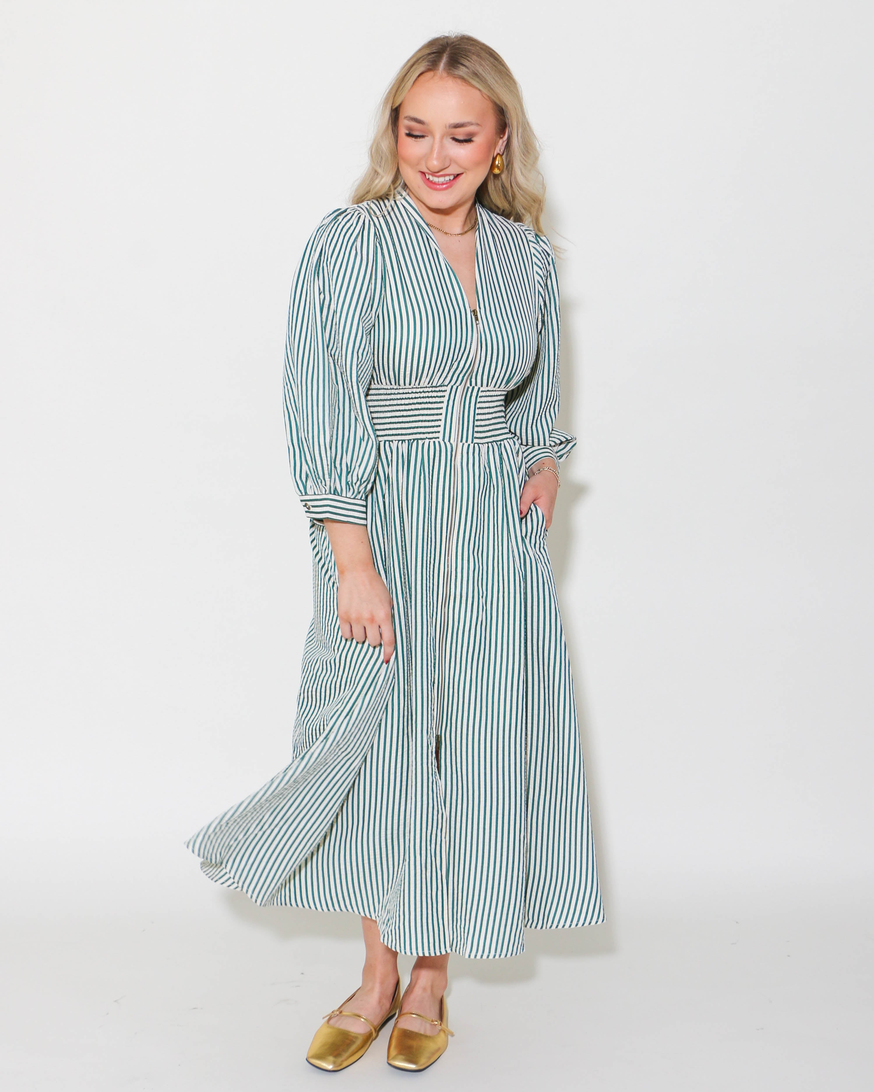 Striped Zip Up Midi Dress in Hunter Green