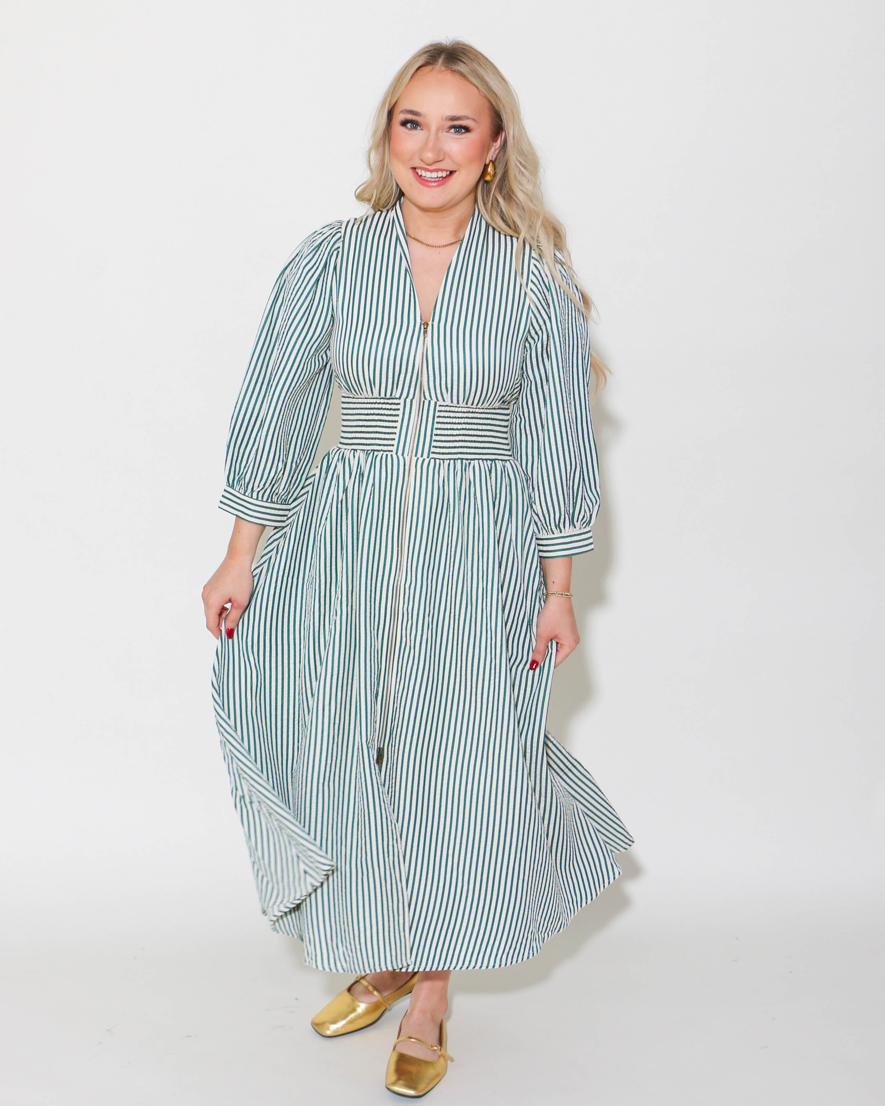 Striped Zip Up Midi Dress in Hunter Green