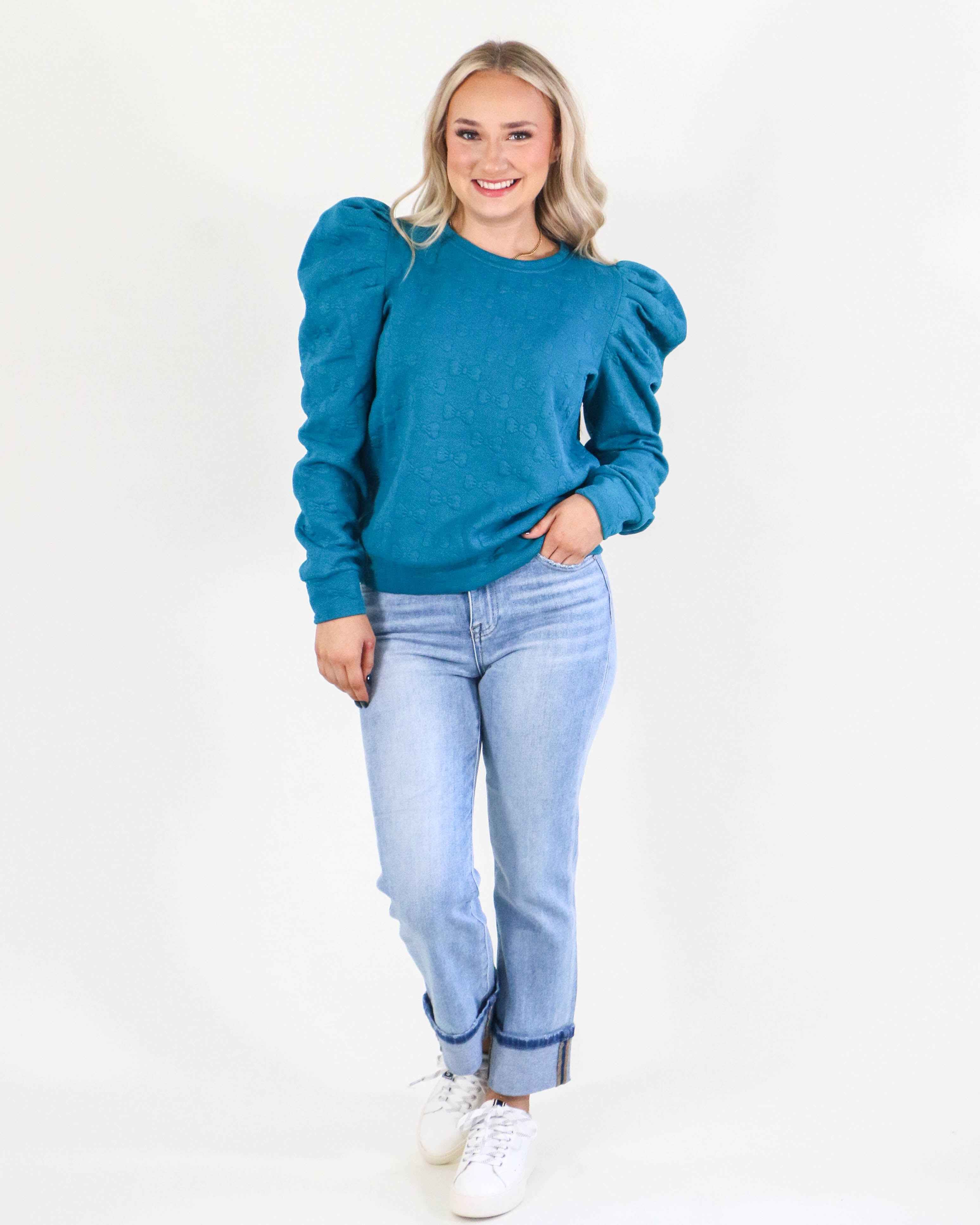 Jacquard Round Neck Top in Teal