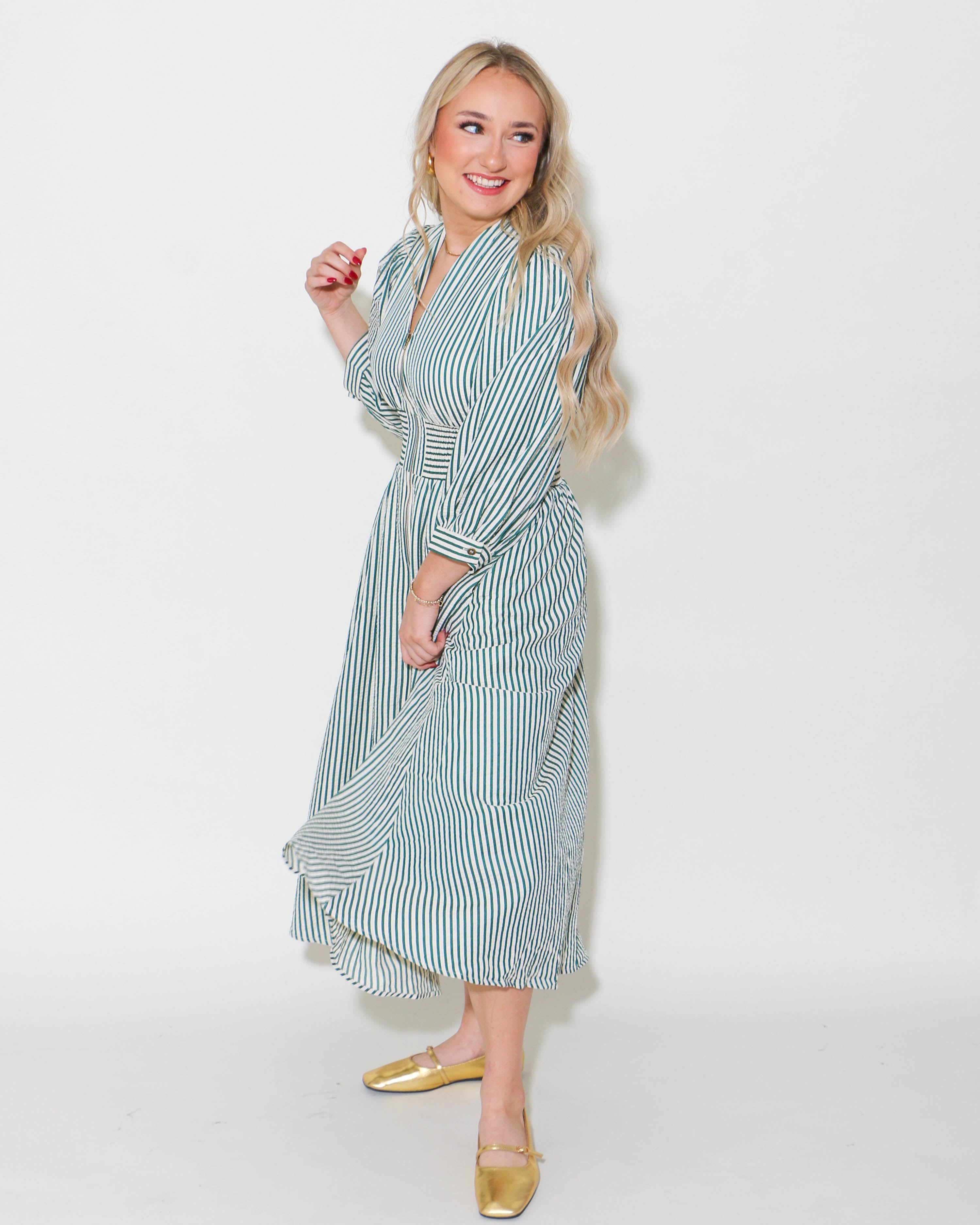 Striped Zip Up Midi Dress in Hunter Green