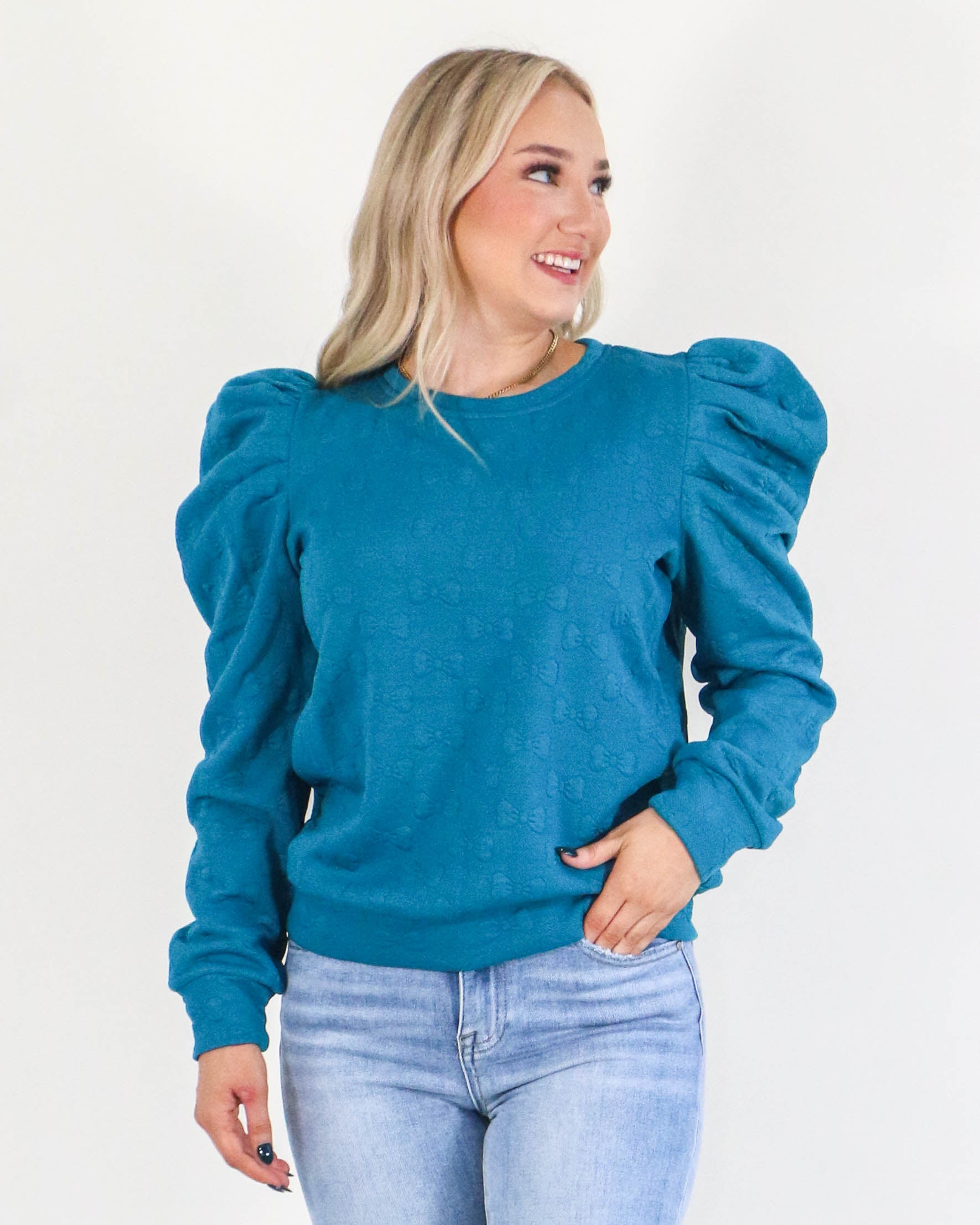 Jacquard Round Neck Top in Teal