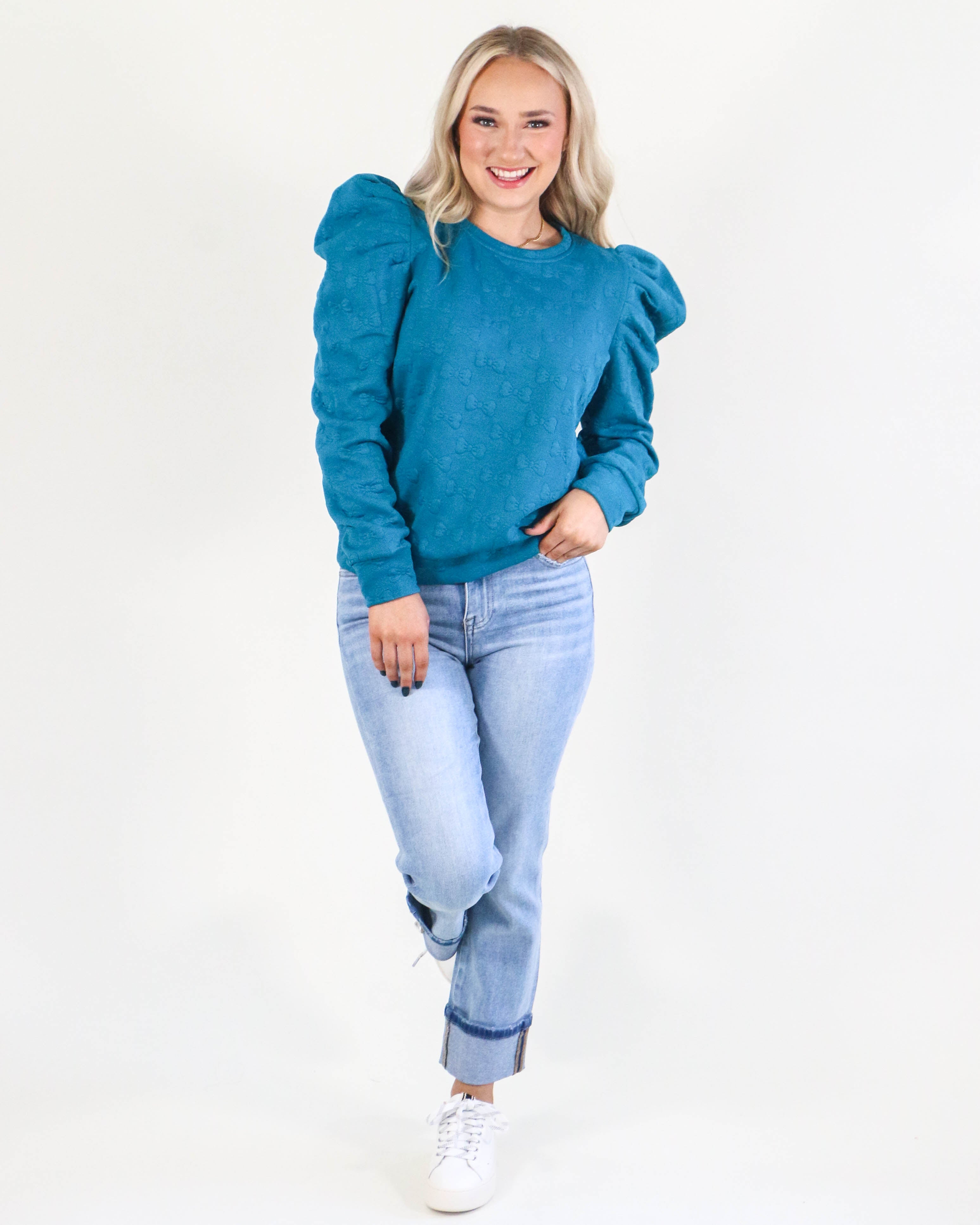 Jacquard Round Neck Top in Teal