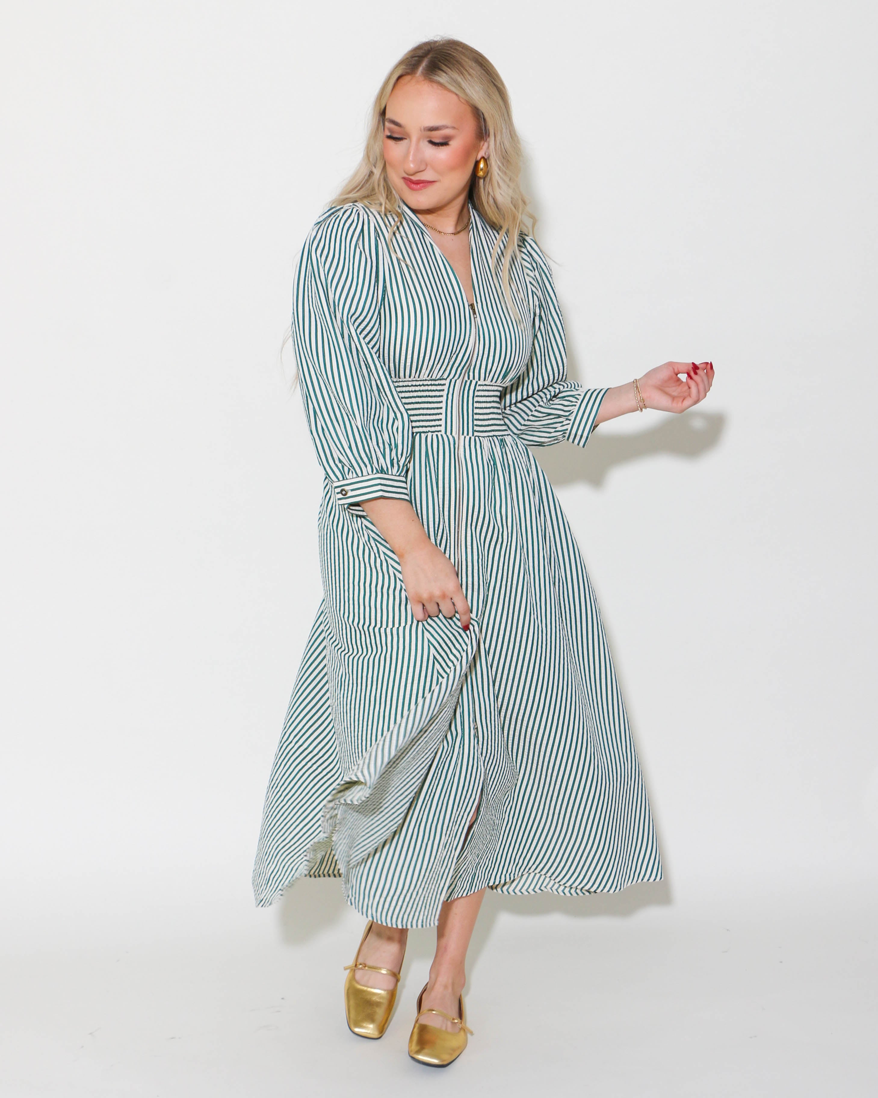 Striped Zip Up Midi Dress in Hunter Green